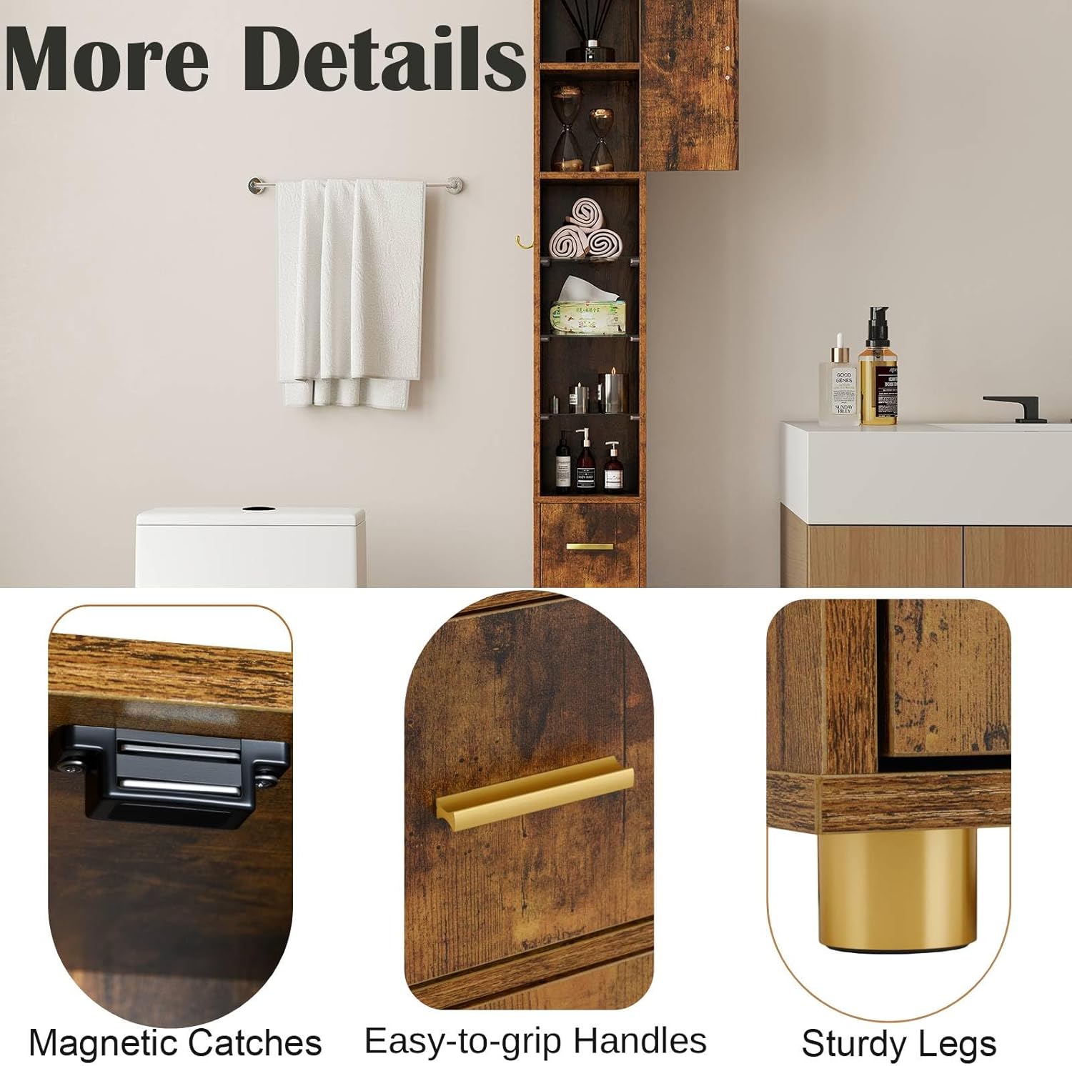 Tall Slim Storage Cabinet Rustic Brown LED Shelf Hook Unit