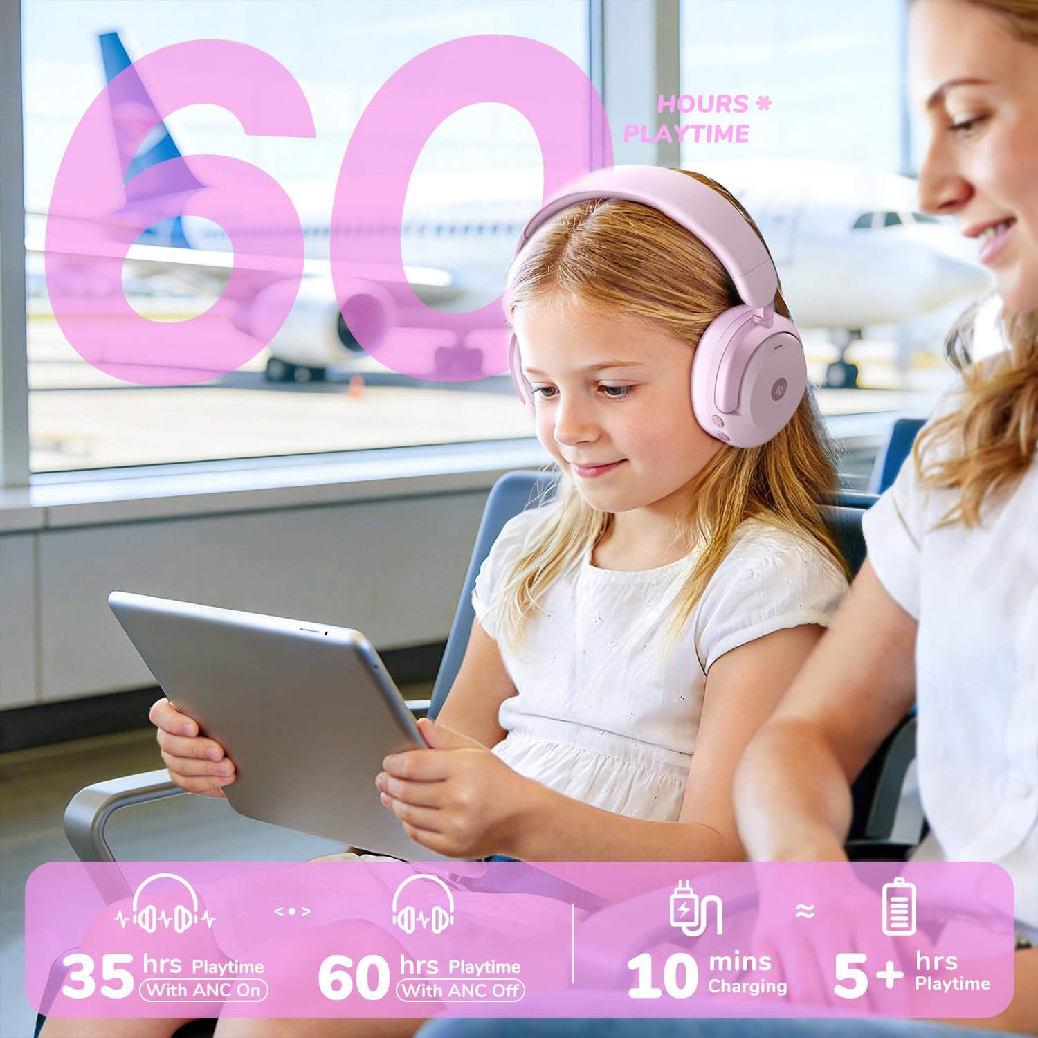 Kids Wireless Noise Cancelling Headphones Safe Volume 60 Hour Playtime