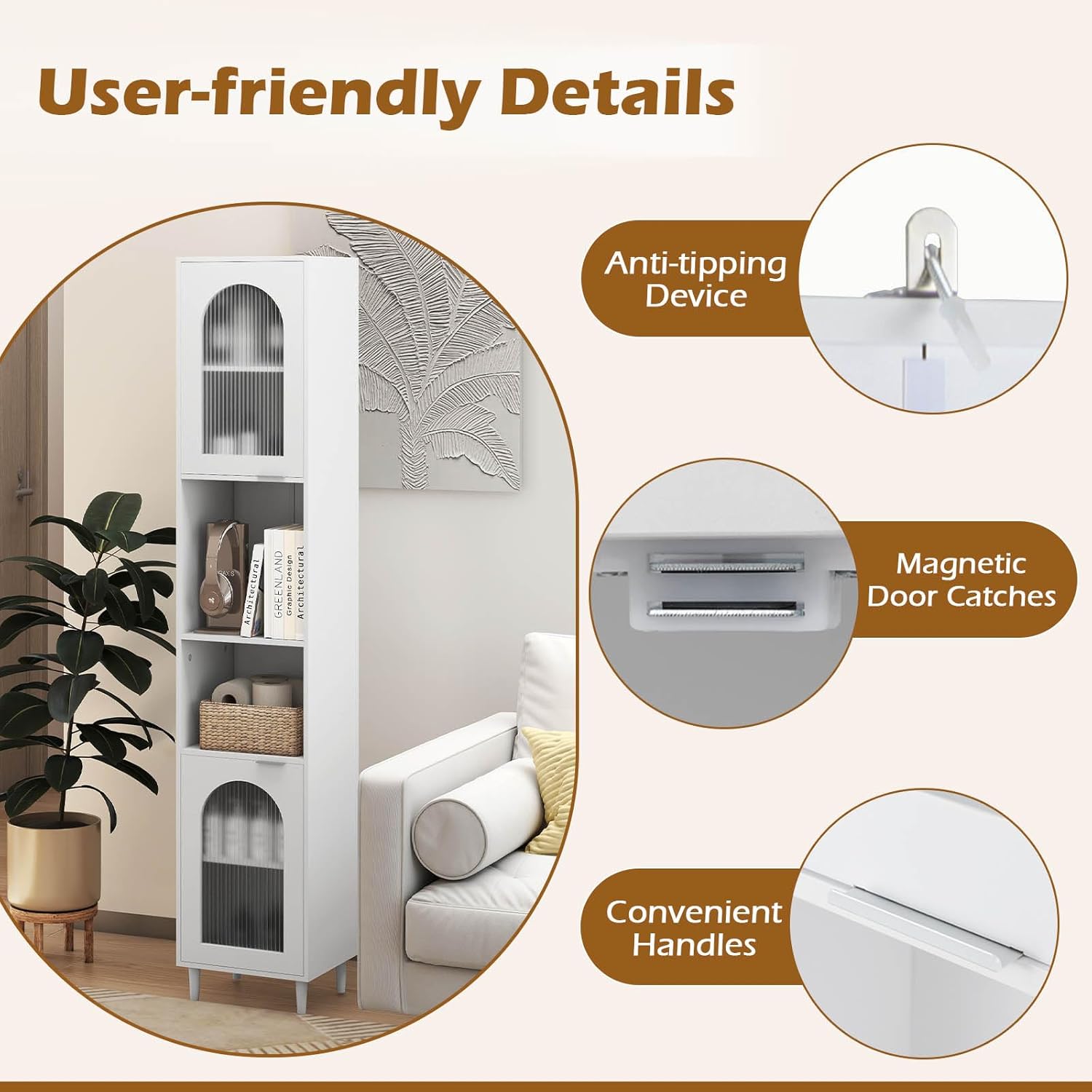 Tall Slim Storage Cabinet White Glass Door Shelves Unit