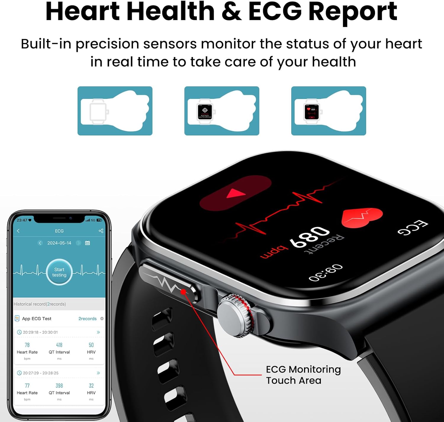 AMOLED ECG Smart Watch 70 Day Battery Health Tracker