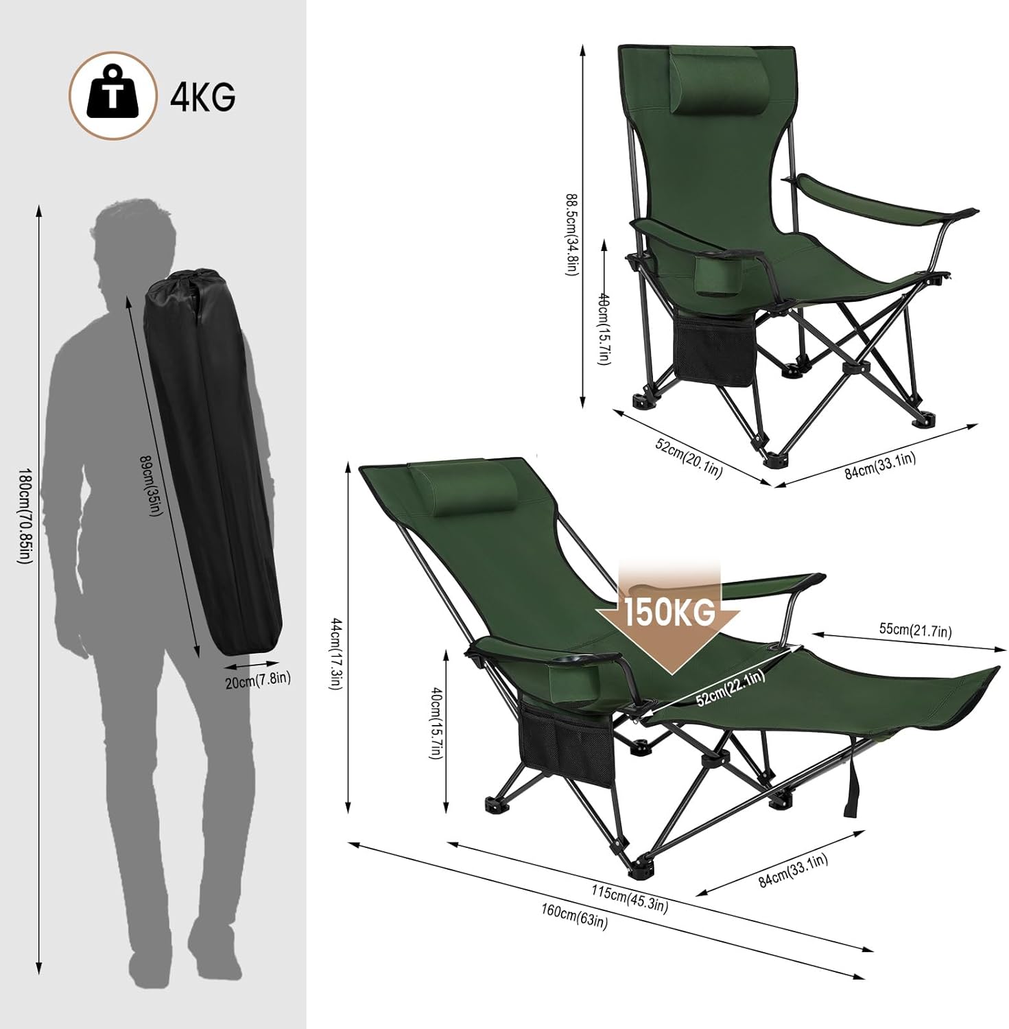 2 Pack Green Reclining Camping Chairs with Footrest