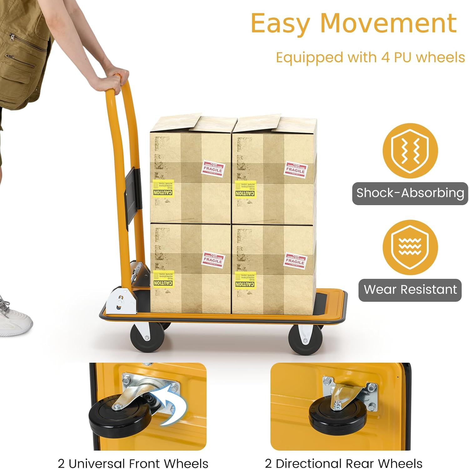 Folding Push Cart Dolly 150KG Flatbed Trolley Black Yellow