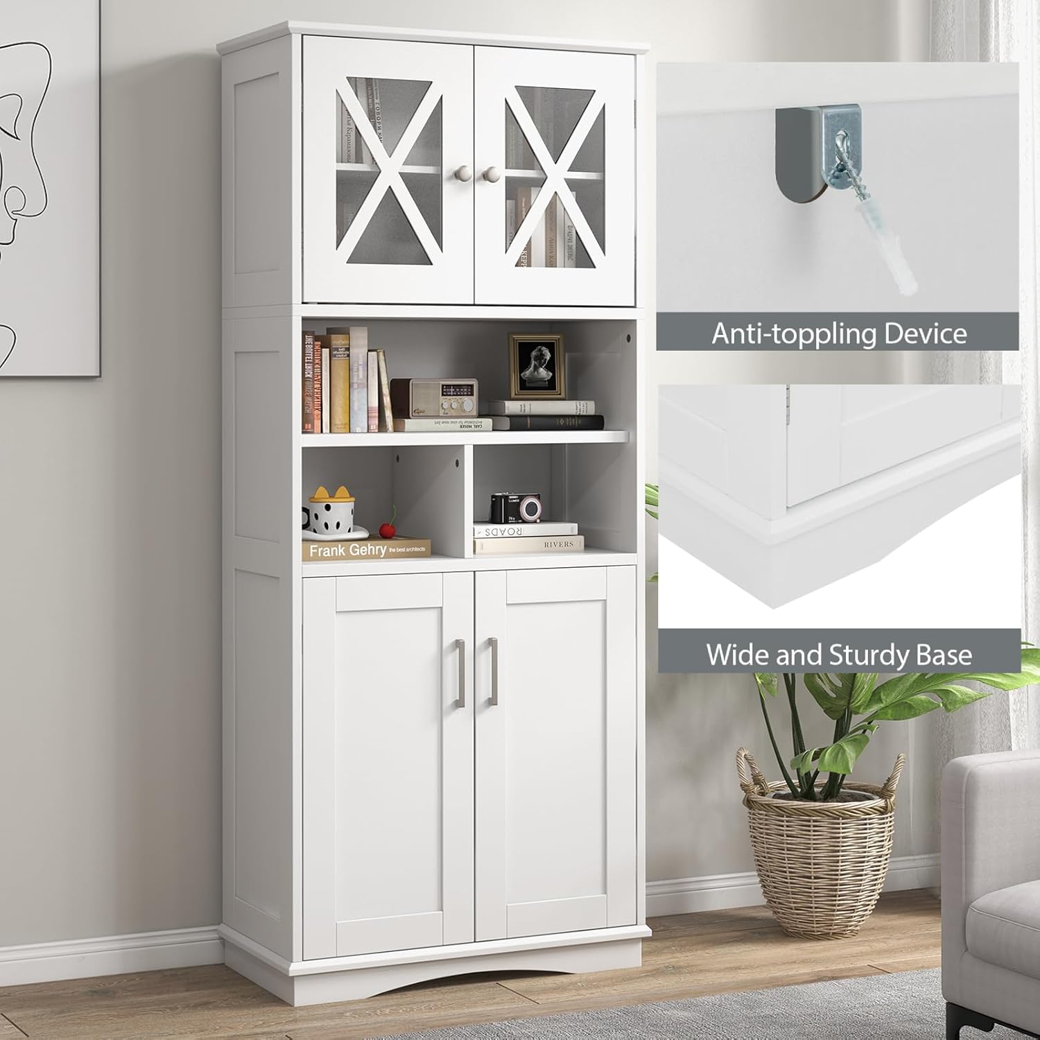 Tall Bathroom Storage Cabinet 4 Door Shelf Unit White