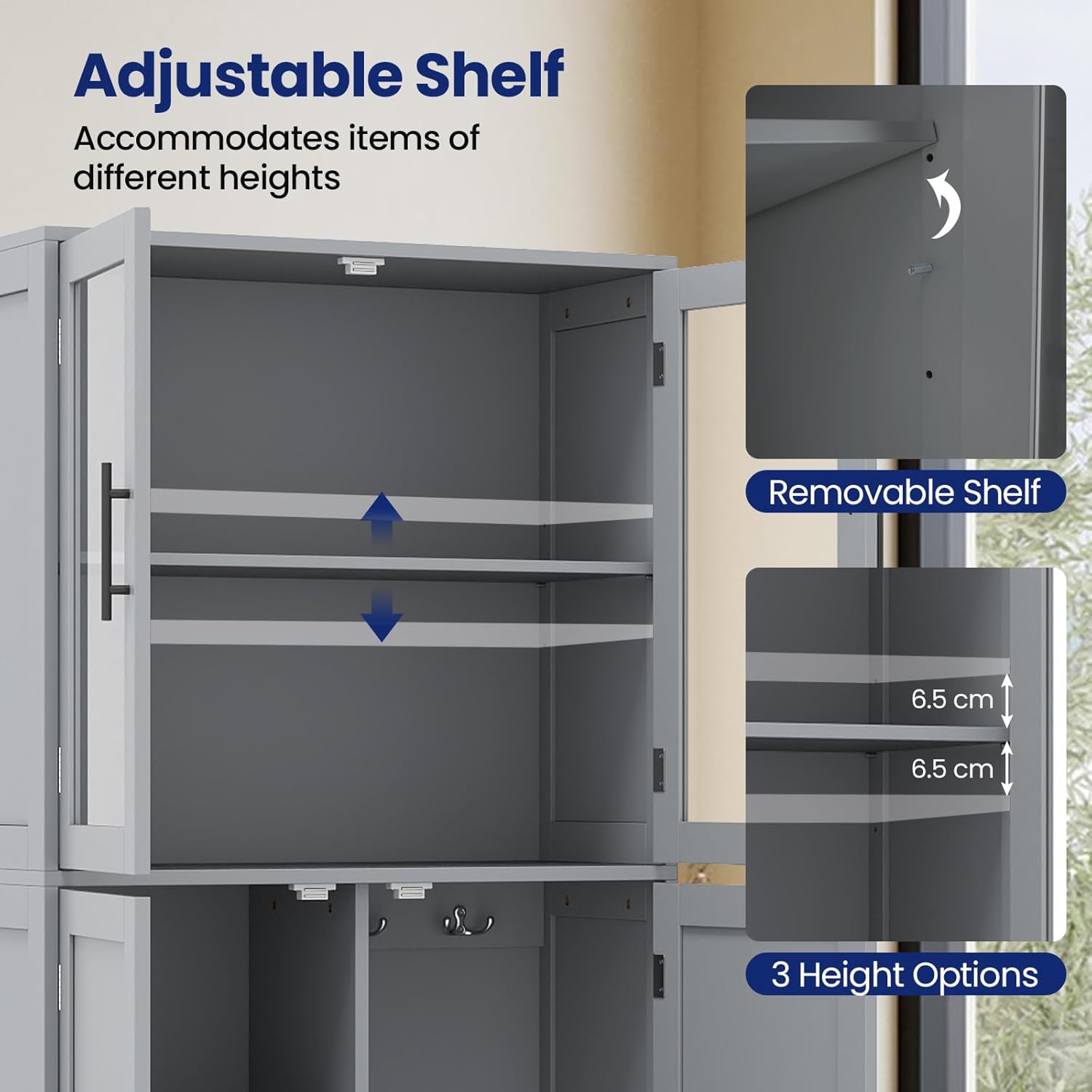 Tall Storage Cabinet Grey Glass Door Hook Shelf Unit