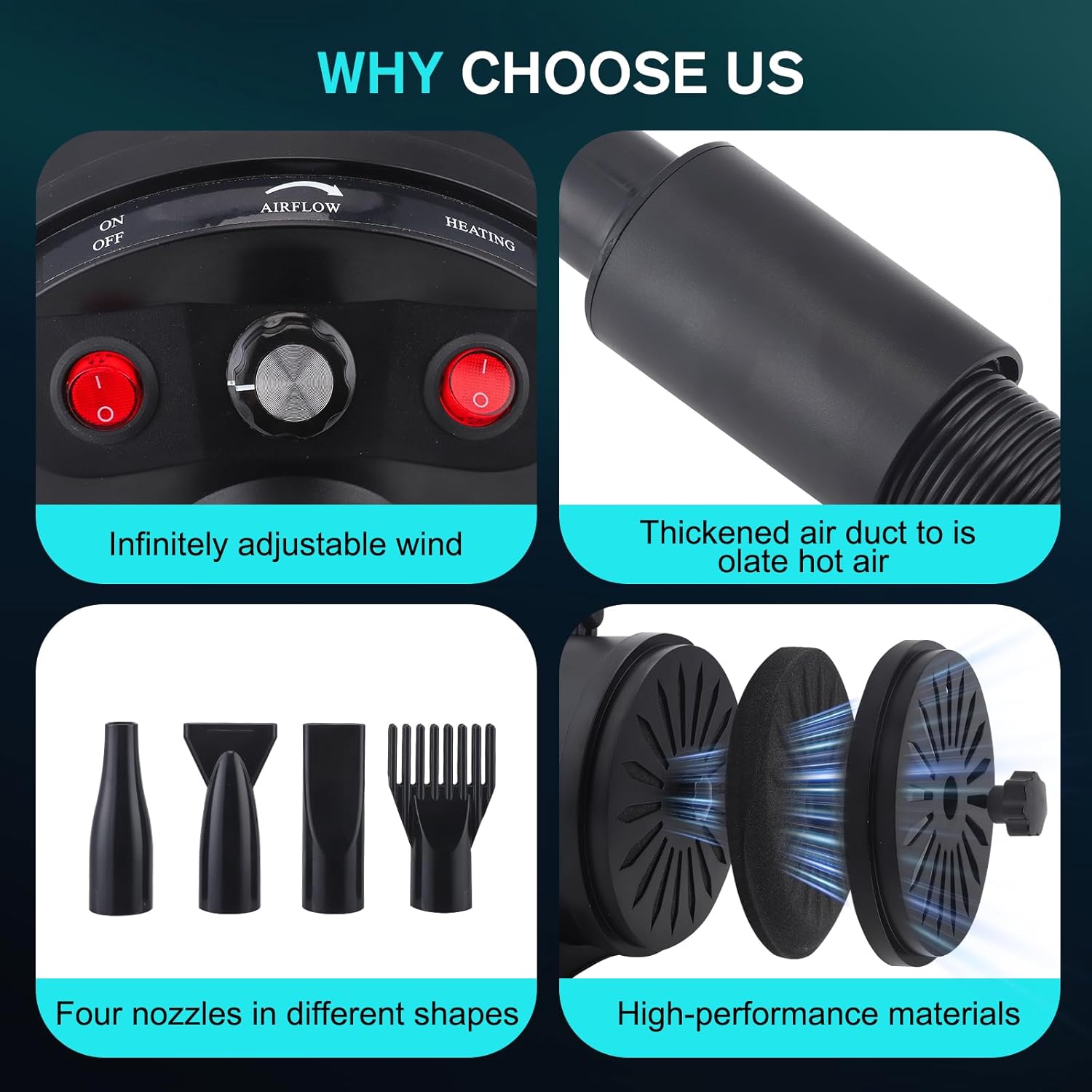 Dog Hair Dryer 3800W 5.2HP Low Noise 4 Nozzle Black