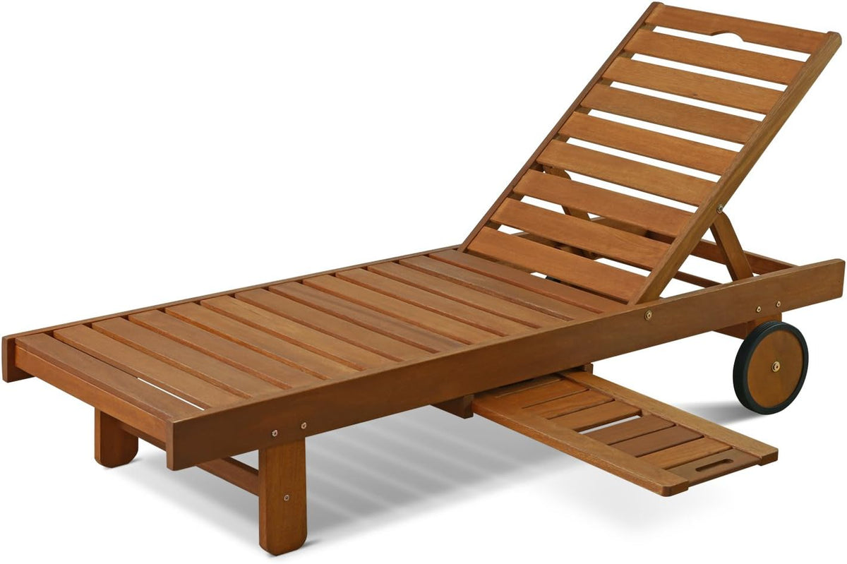 Wooden Outdoor Lounger Chair with Pull Out Tray Natural Patio