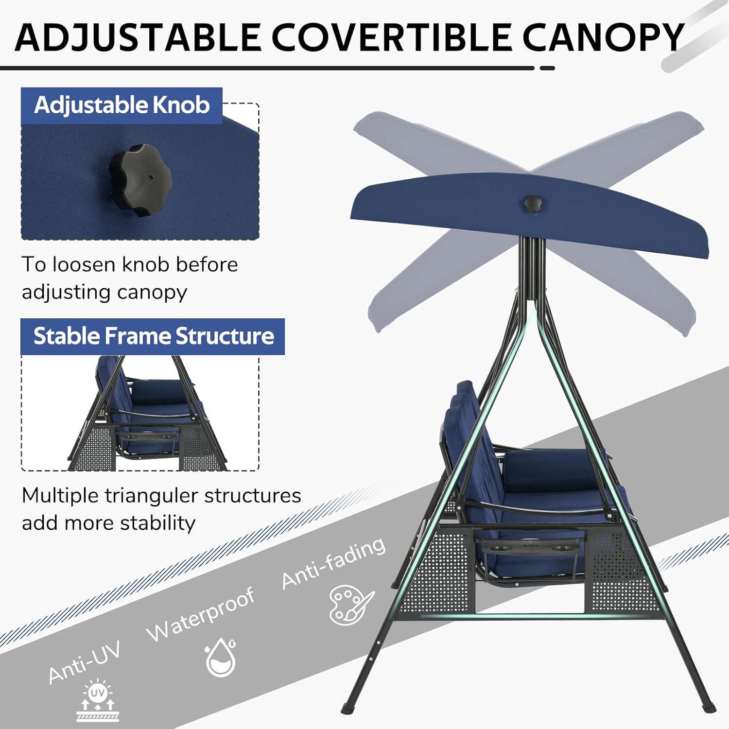 3 Seater Garden Swing Chair Canopy Side Tables Blue