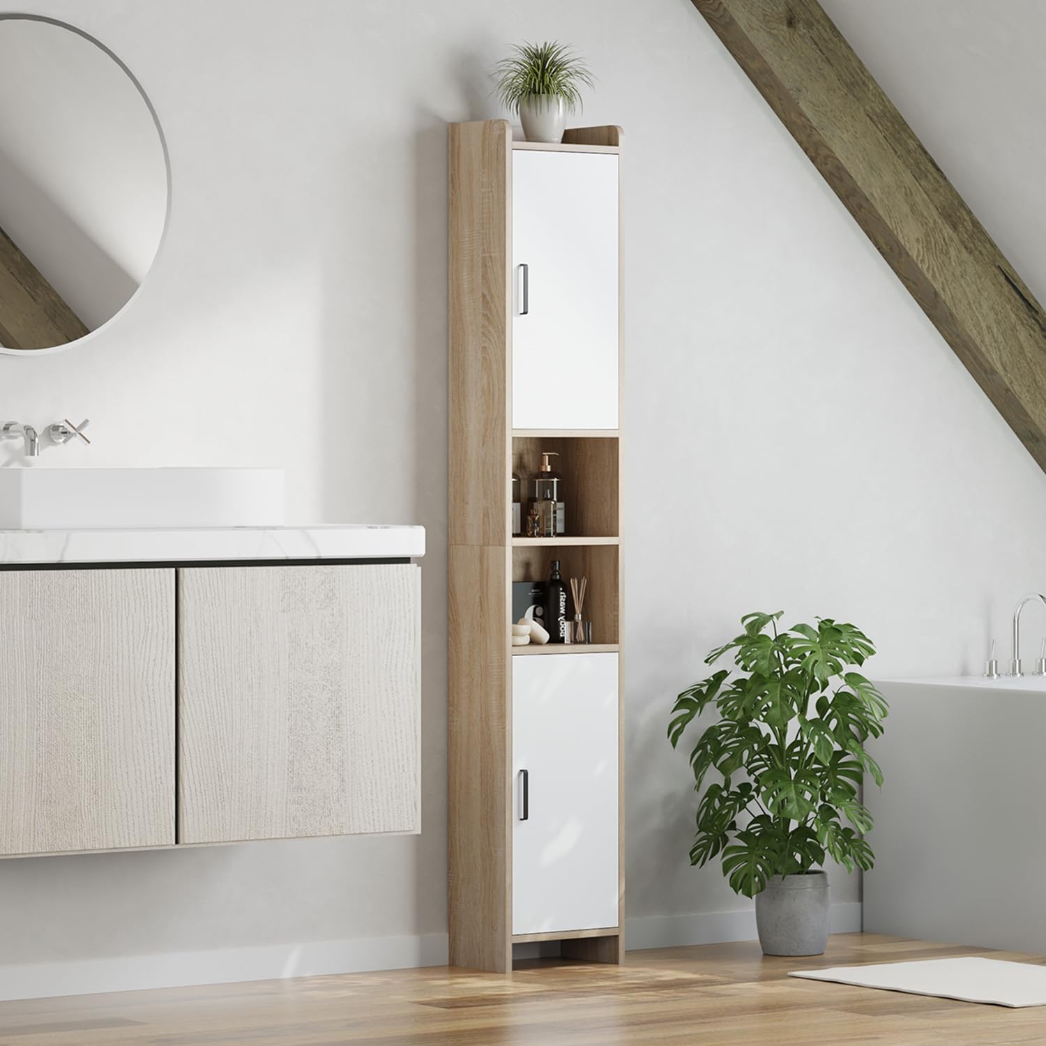 Tall Slim Bathroom Storage Cabinet 2 Doors White Maple 170cm