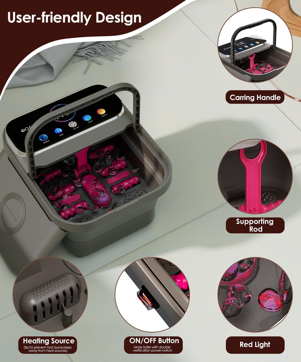 Foldable Foot Spa Bath Heat Bubble Remote Touch Screen Rollers