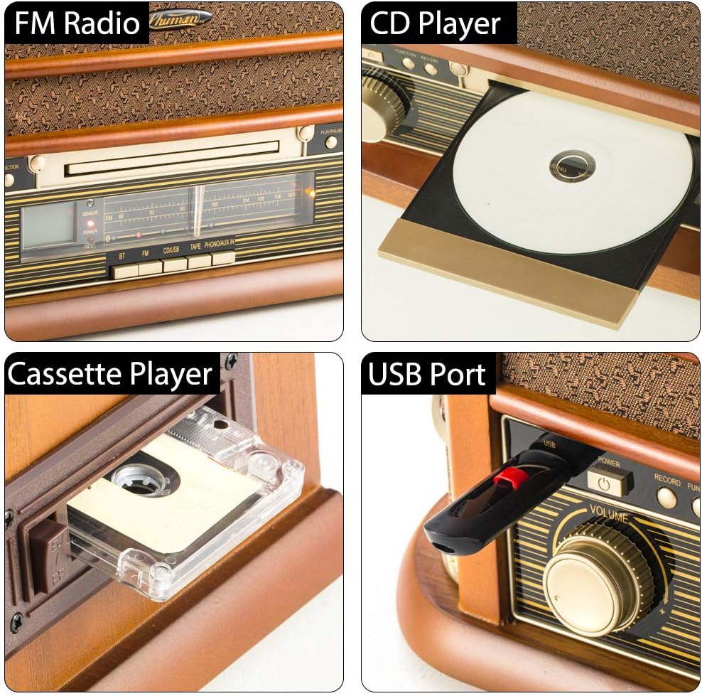 Retro 8 in 1 Music Centre Record Player Brown
