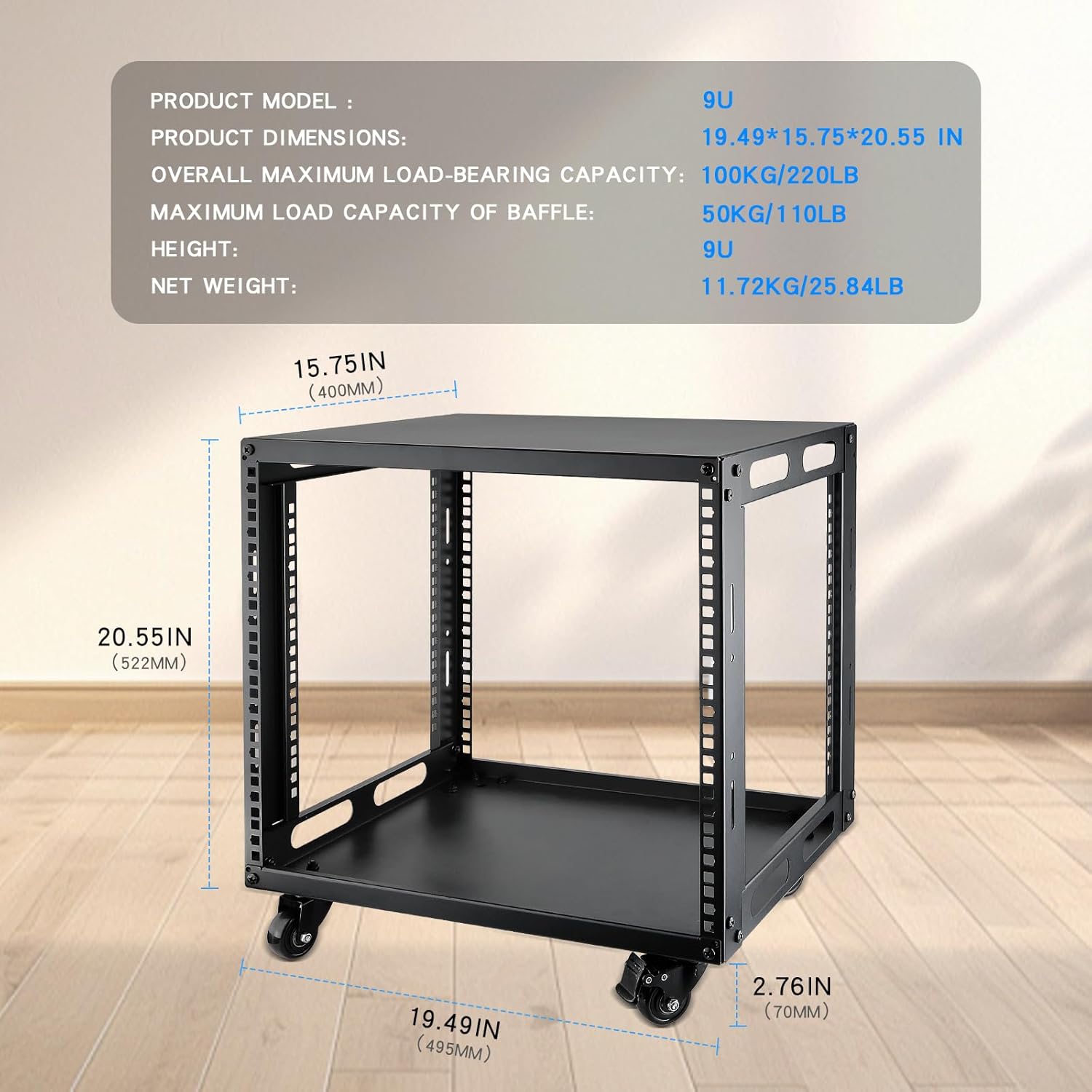 9U Open Frame Server Rack with Wheels 4 Post Mobile Stand