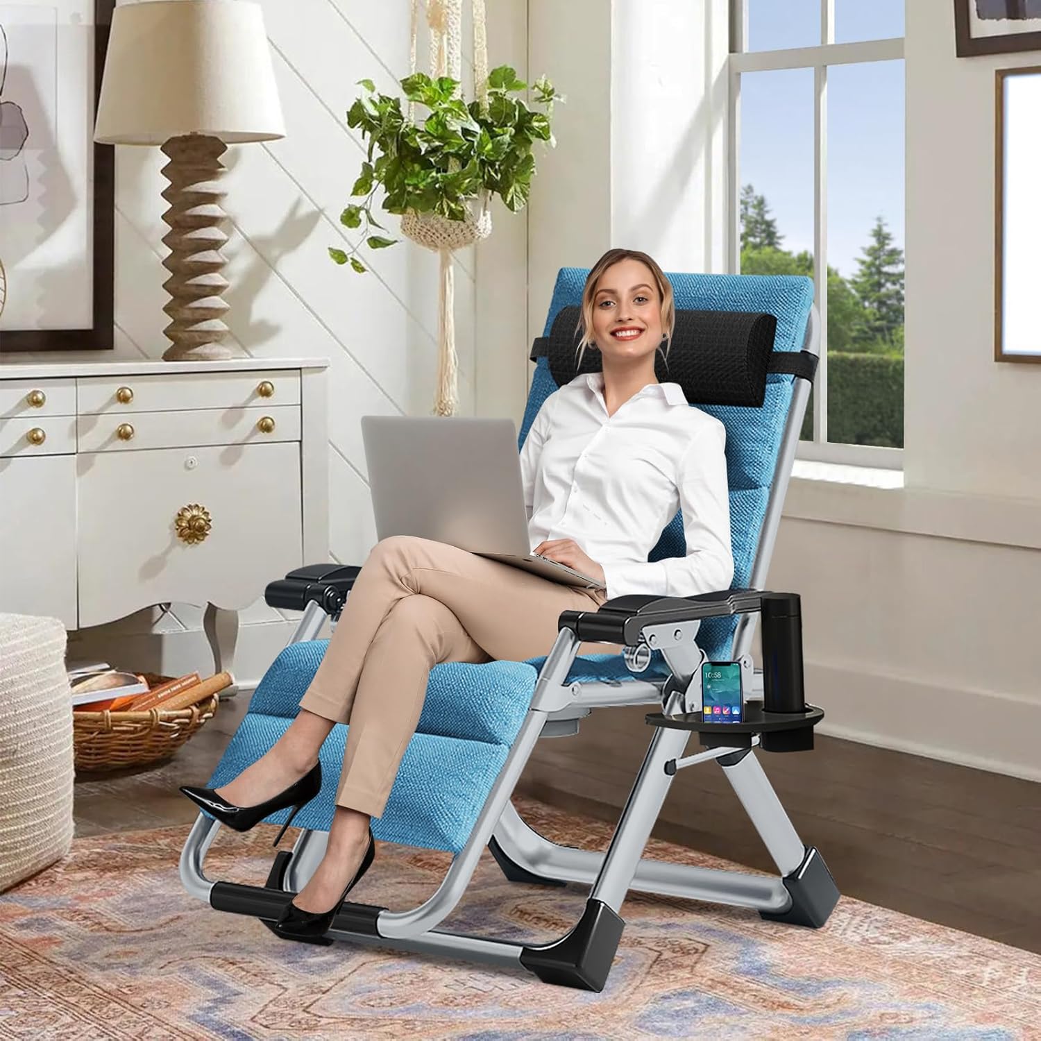 Zero Gravity Folding Sun Lounger Garden Recliner Chair Cushion Blue