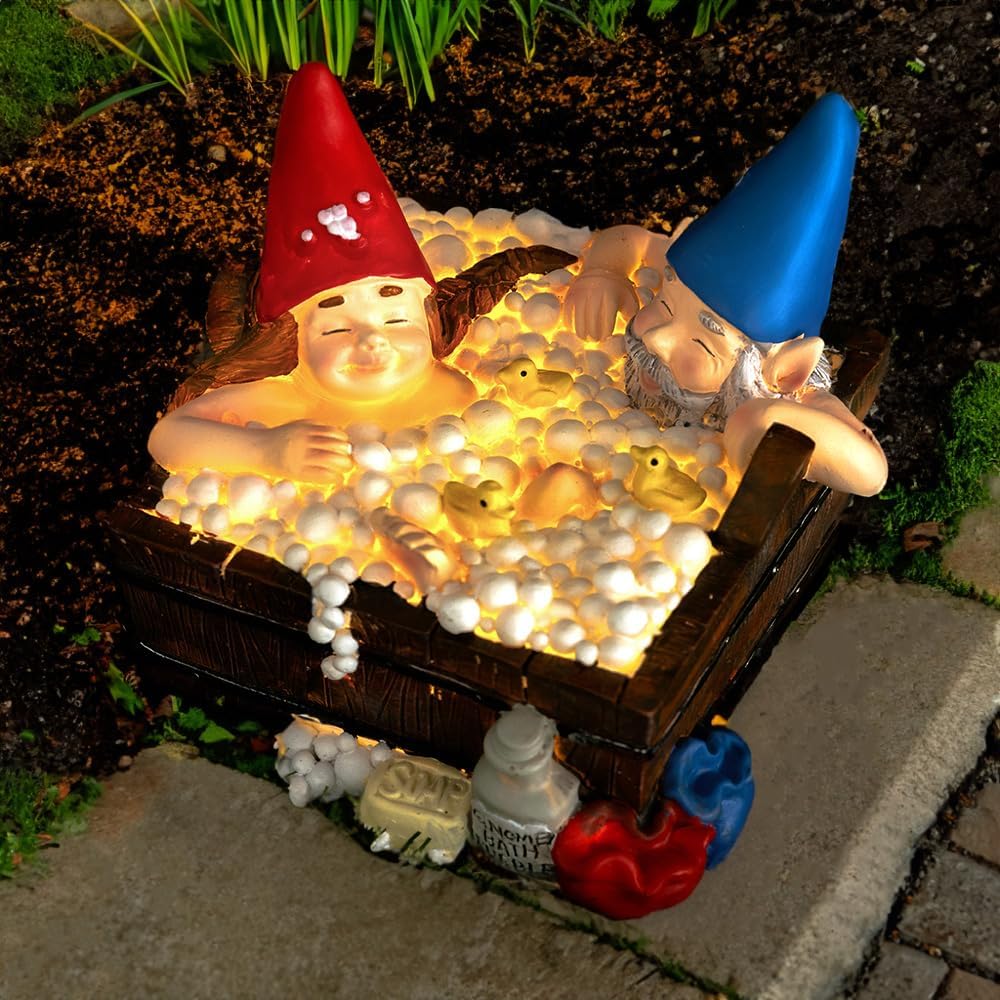 Solar Gnome Hot Tub Statue Funny Garden Decor LED Resin