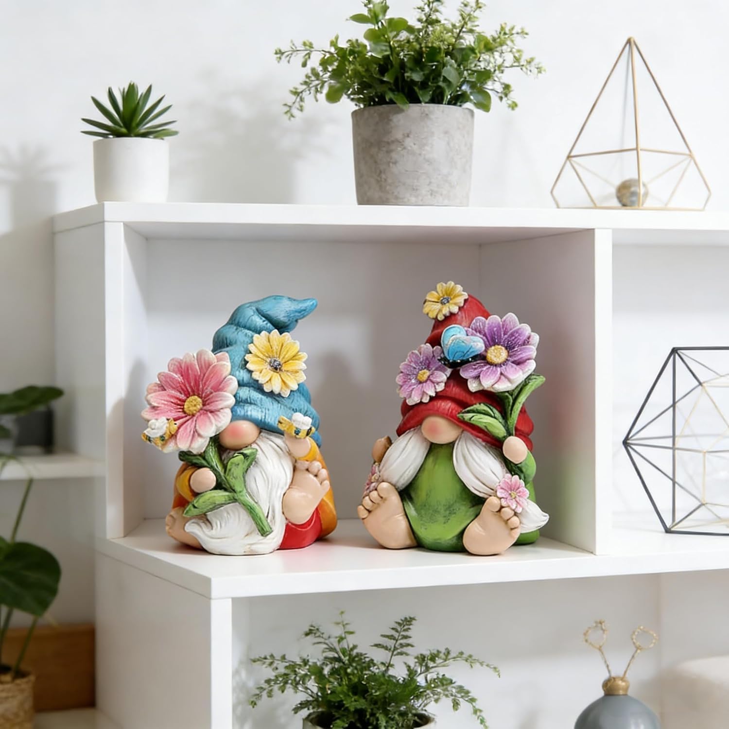 2PCS Spring Flower Gnome Figurines Easter Decor Resin Shelf Ornaments