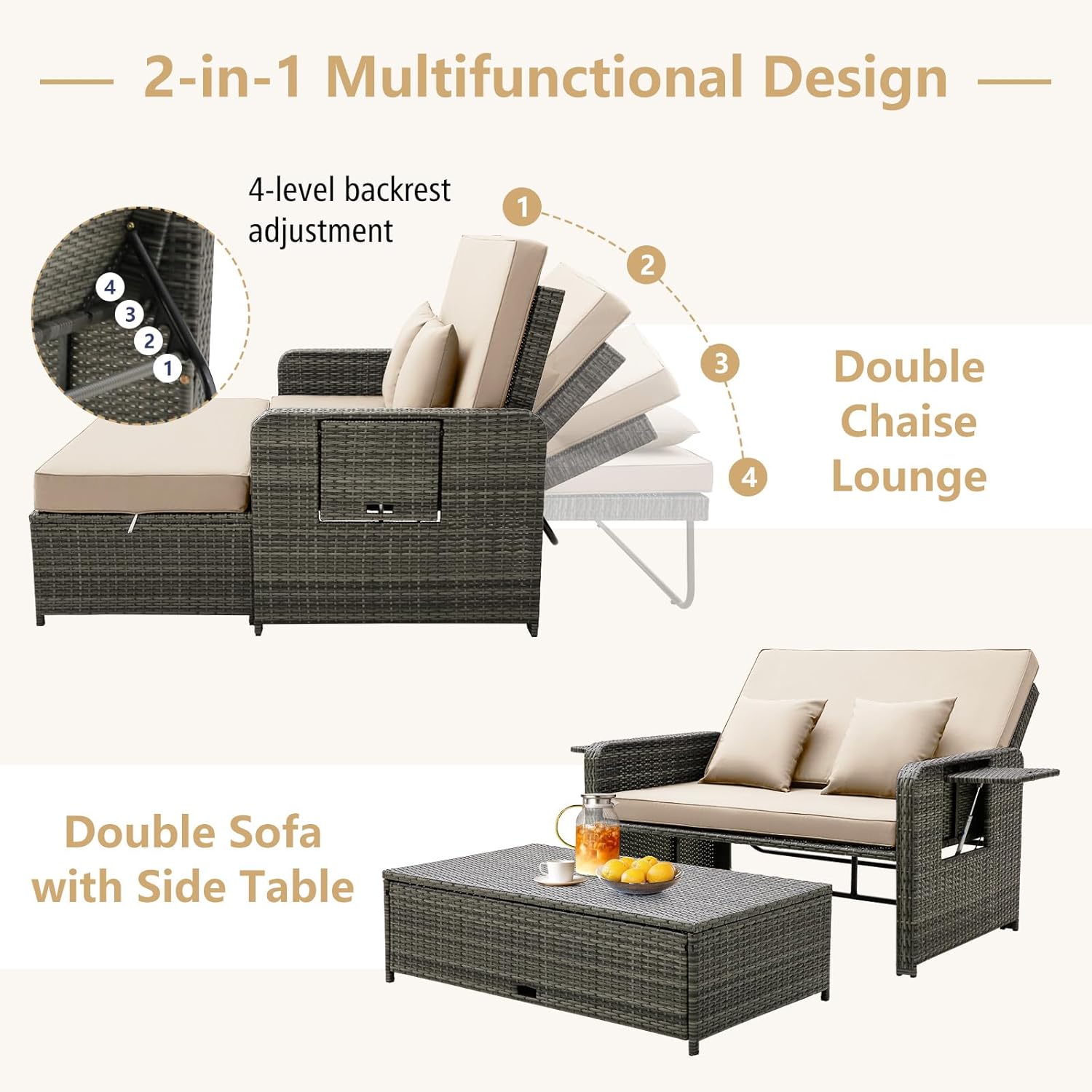 Rattan Garden Daybed Sun Lounger Sofa Storage Ottoman Beige Grey