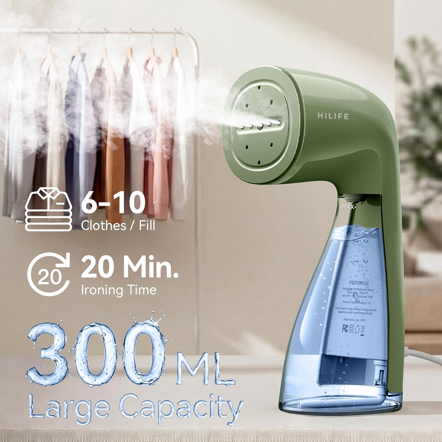 Handheld Garment Steamer 1100W 300ml Tank Portable Green