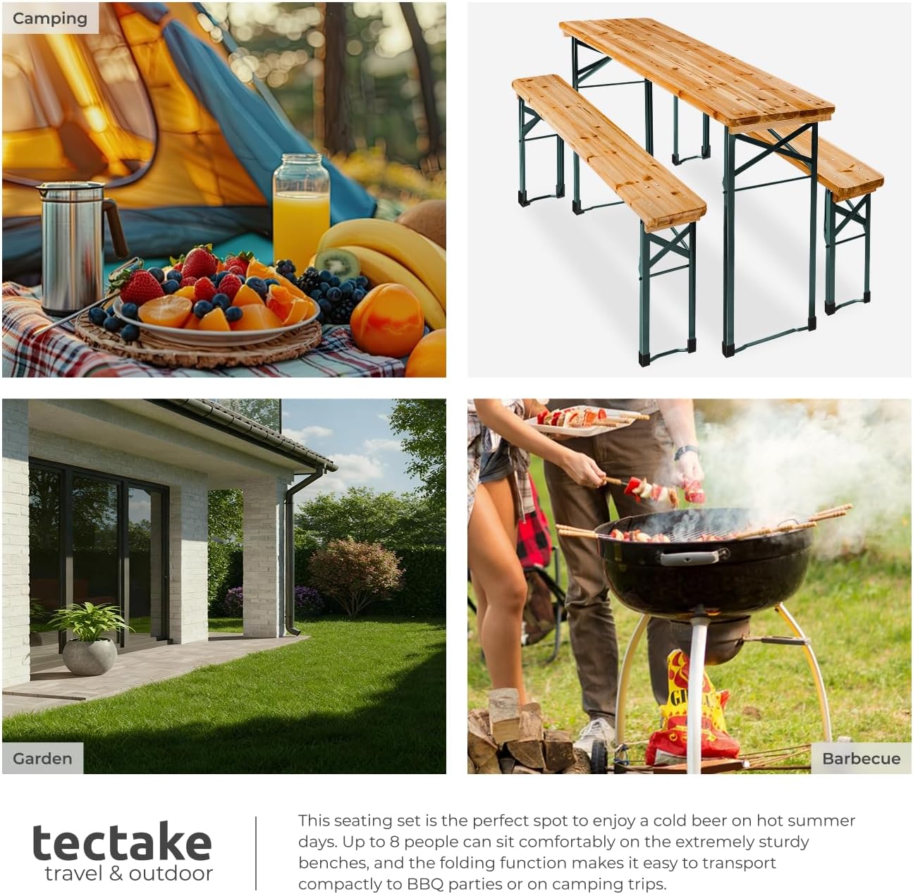 Folding Wooden Picnic Table & Bench Set 8 Seater Garden BBQ Set