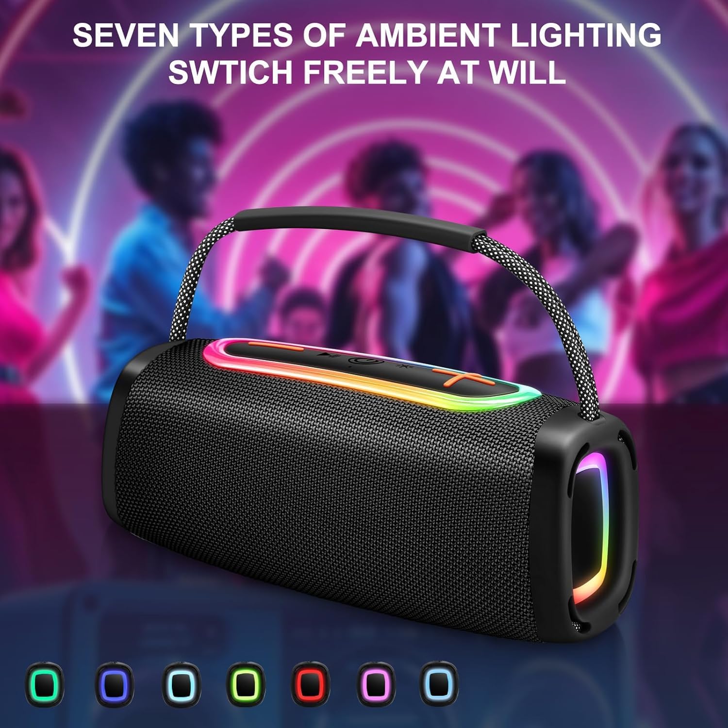 Portable Bluetooth Speaker 24W Bass LED Lights 36H Battery