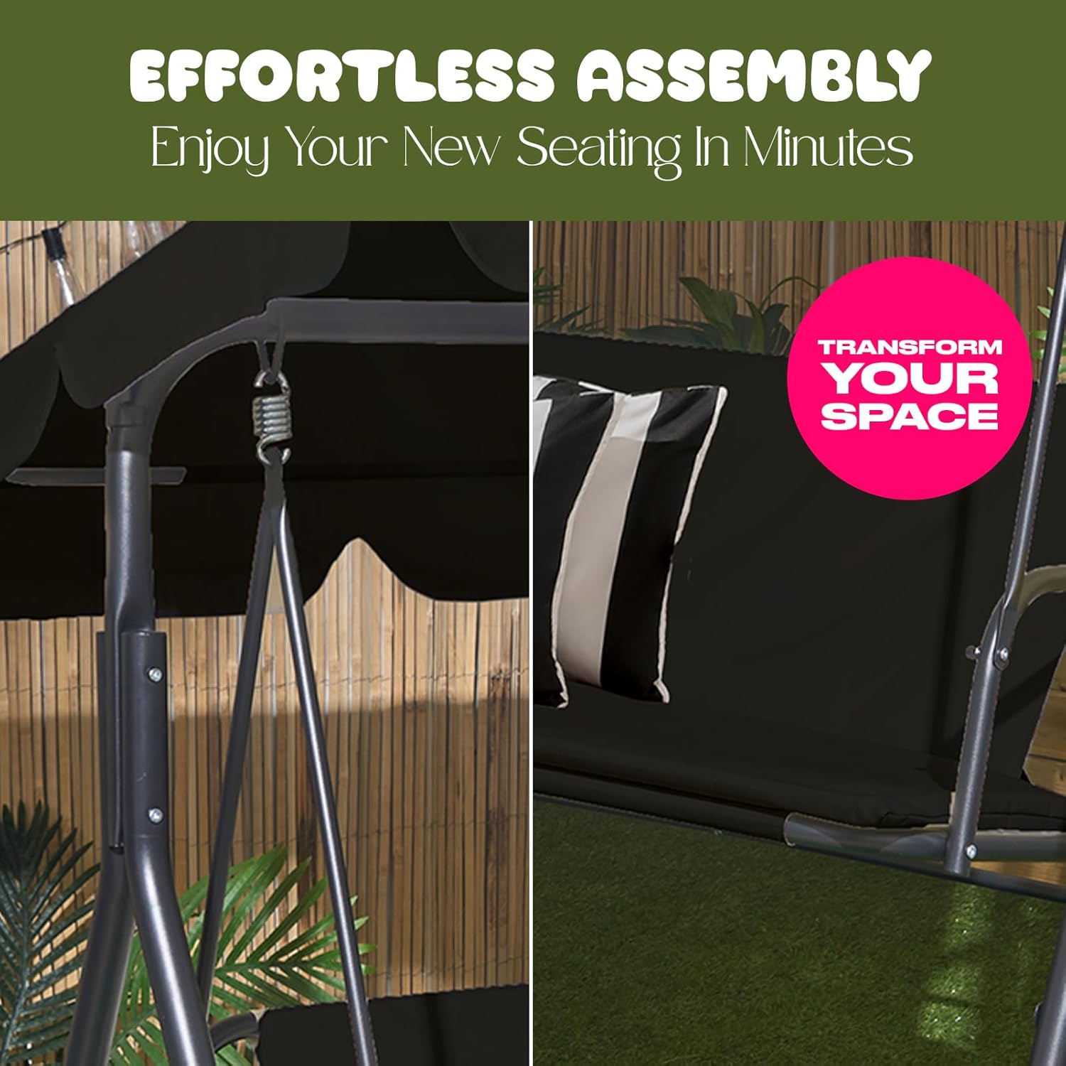 Black 3 Seater Garden Swing Bench with Canopy