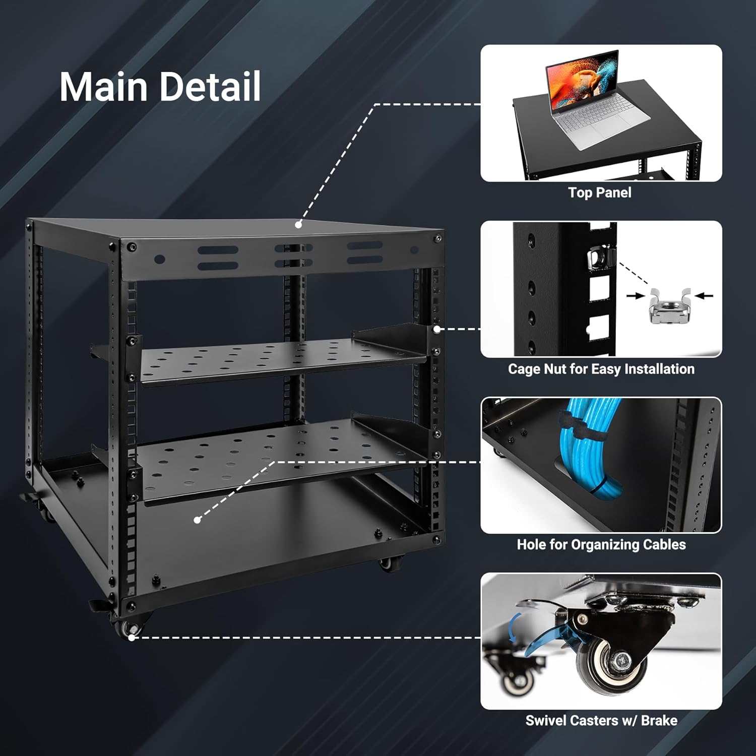 10U Open Frame Server Rack with Wheels 2 Shelves