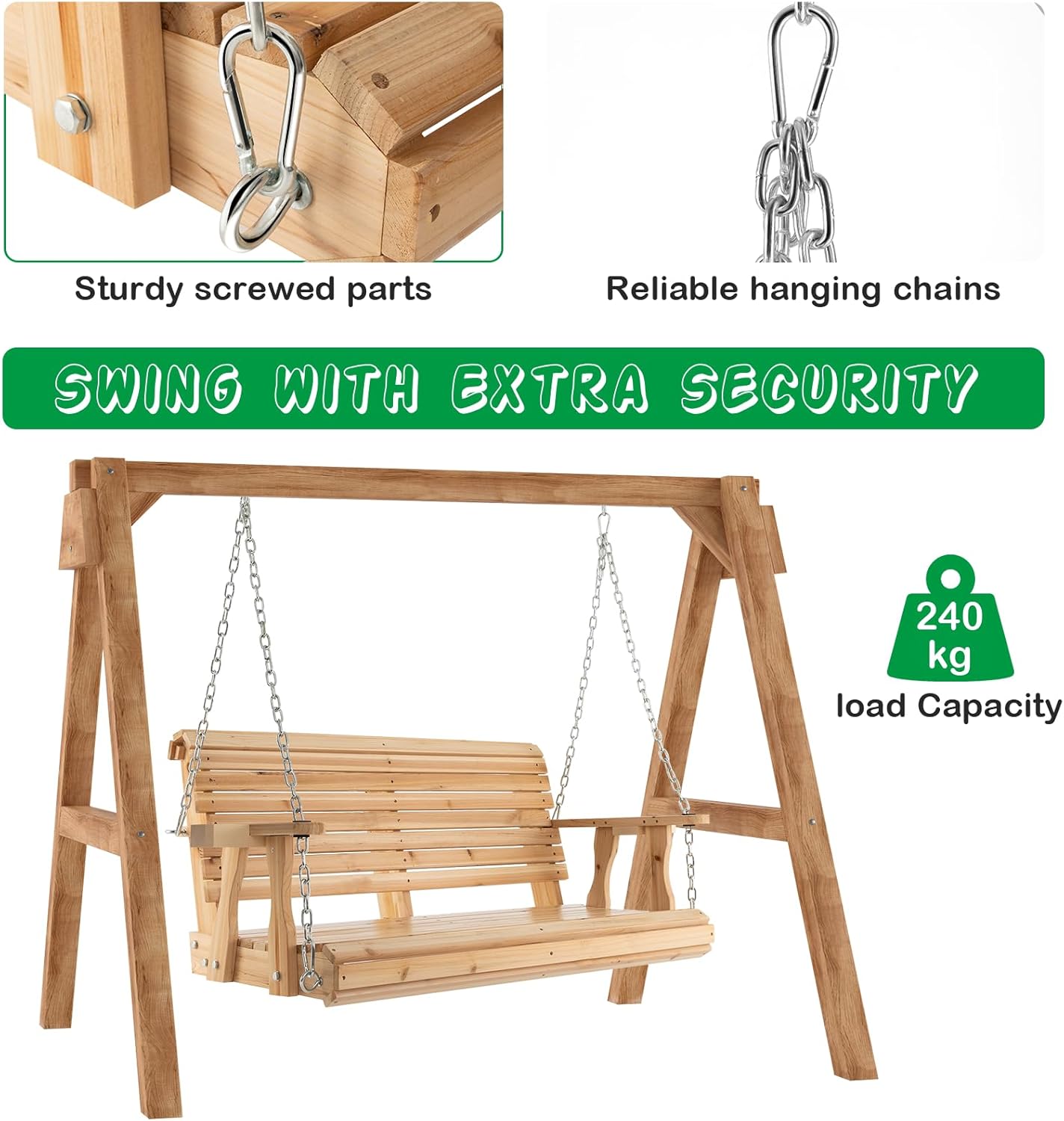 2 Seater Wooden Garden Swing Bench Cup Holders Natural