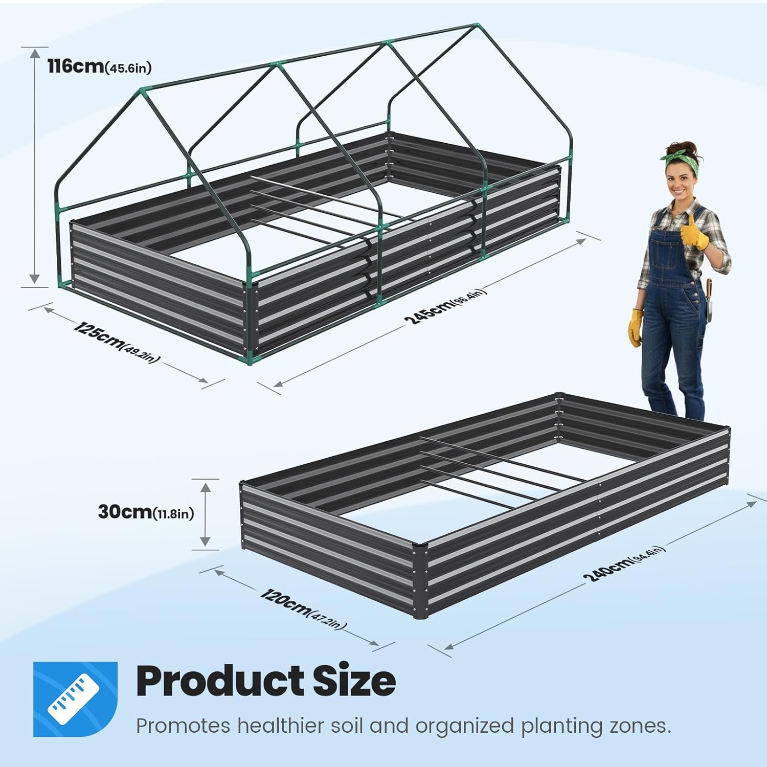 Large Raised Garden Bed with Greenhouse Cover 240x120cm Steel