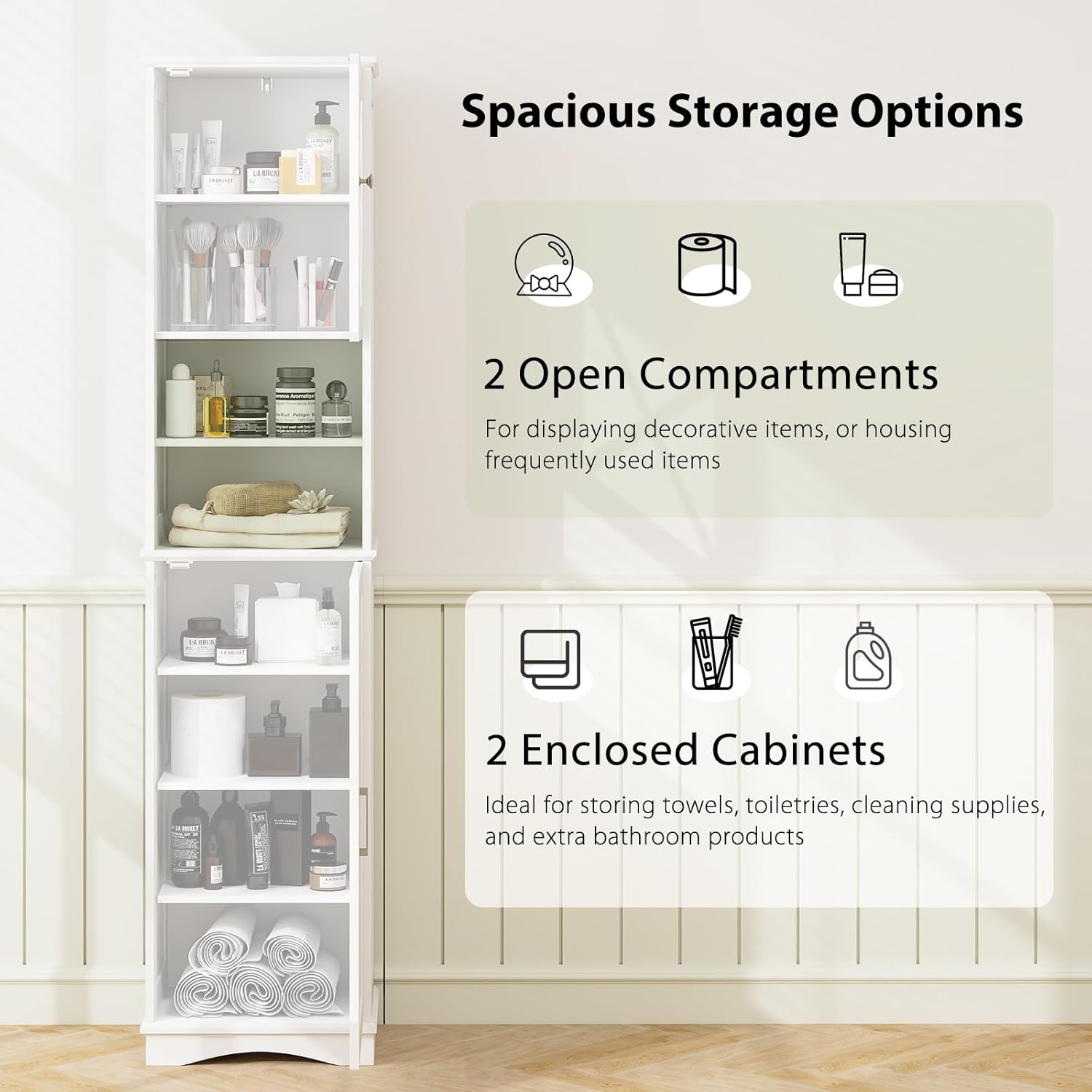 White Tallboy Bathroom Cupboard Open Shelf Storage Cabinet
