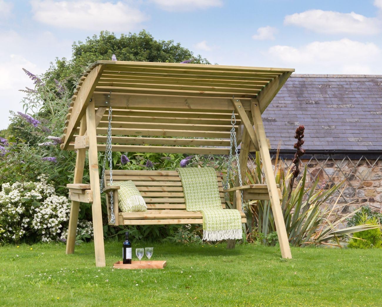 2 Seat Wooden Garden Swing Chair Canopy Bench Lounger