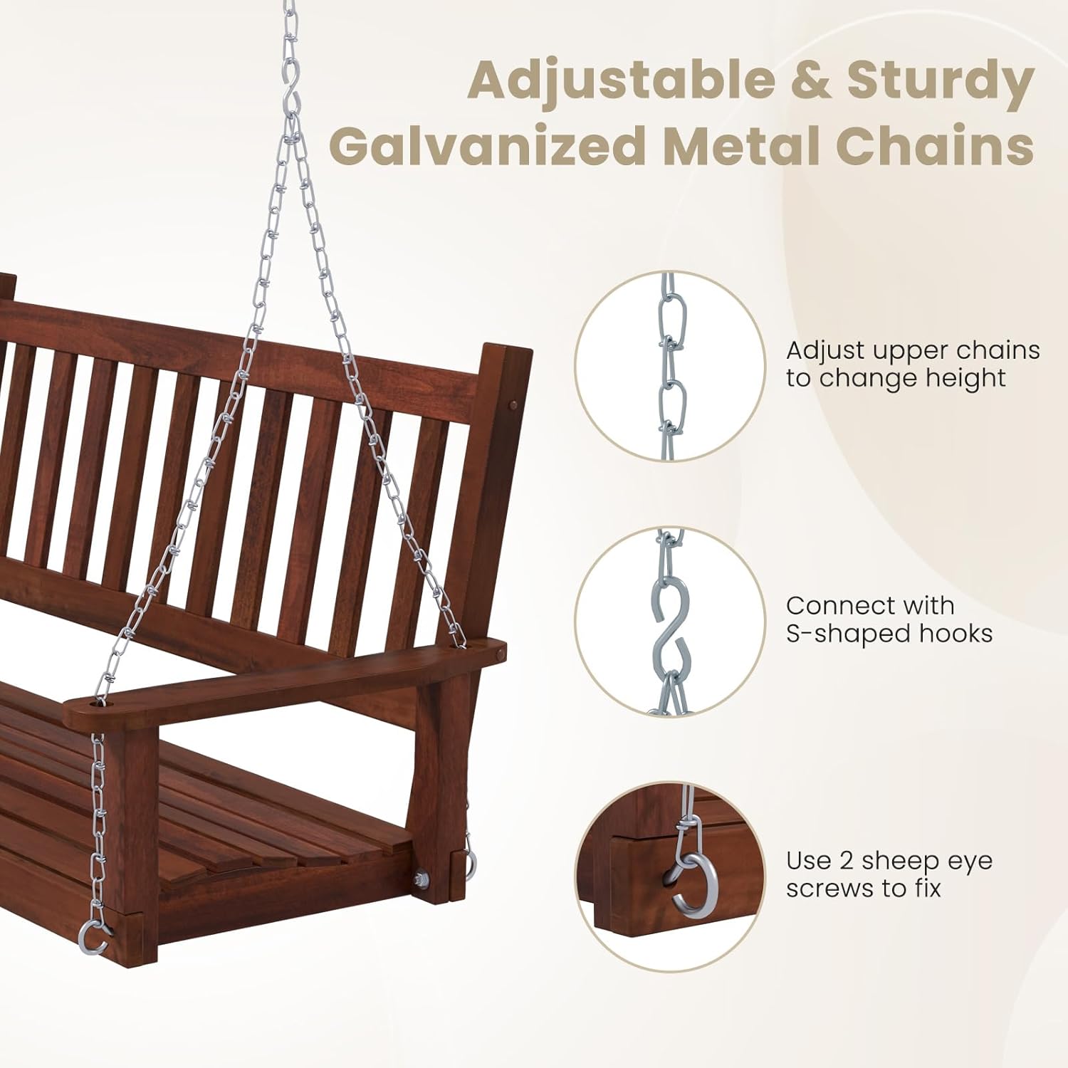 Wooden Porch Swing Bench 2 3 Seater Hanging Chair Brown