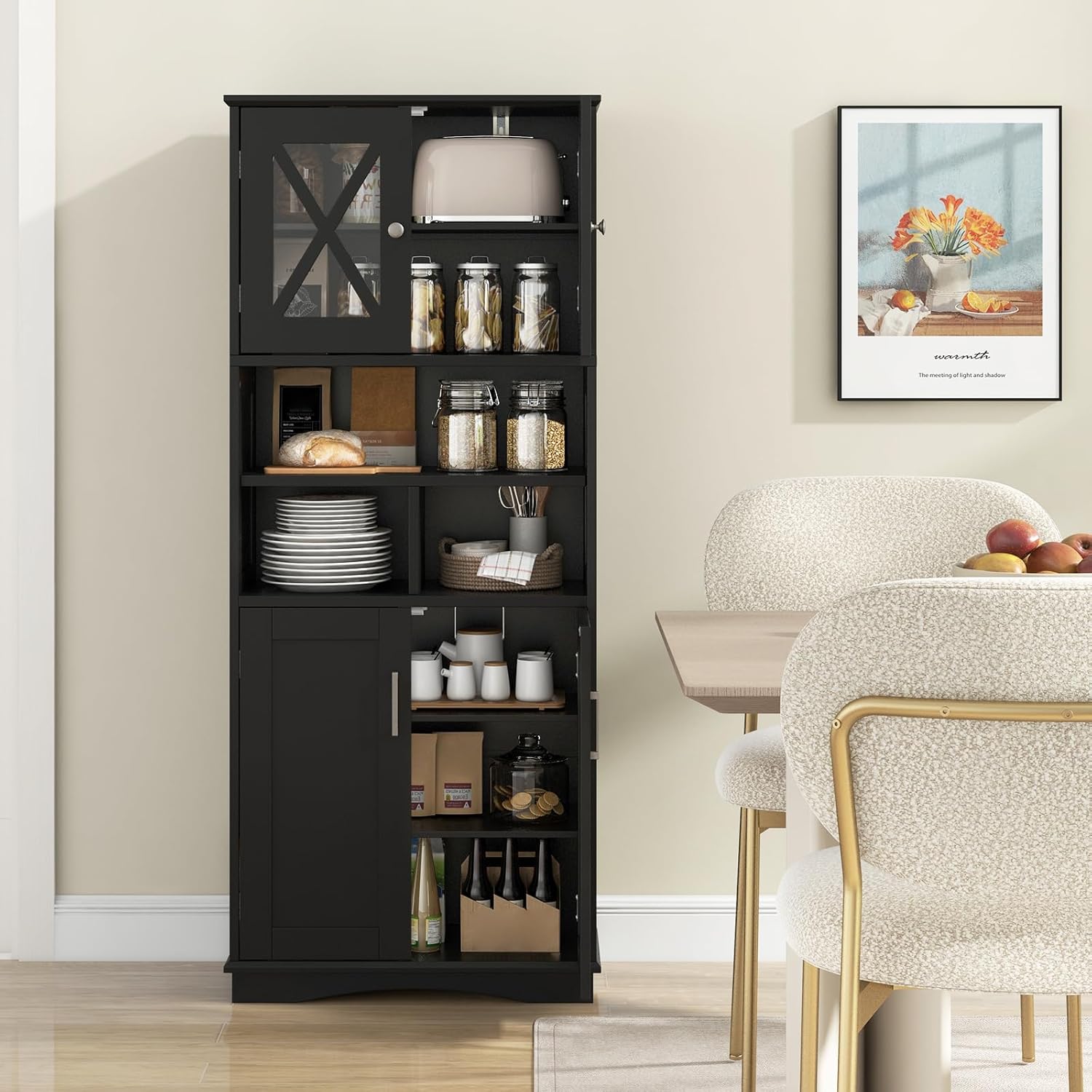 Black Tallboy Bathroom Cabinet 4 Door Shelf Storage Unit