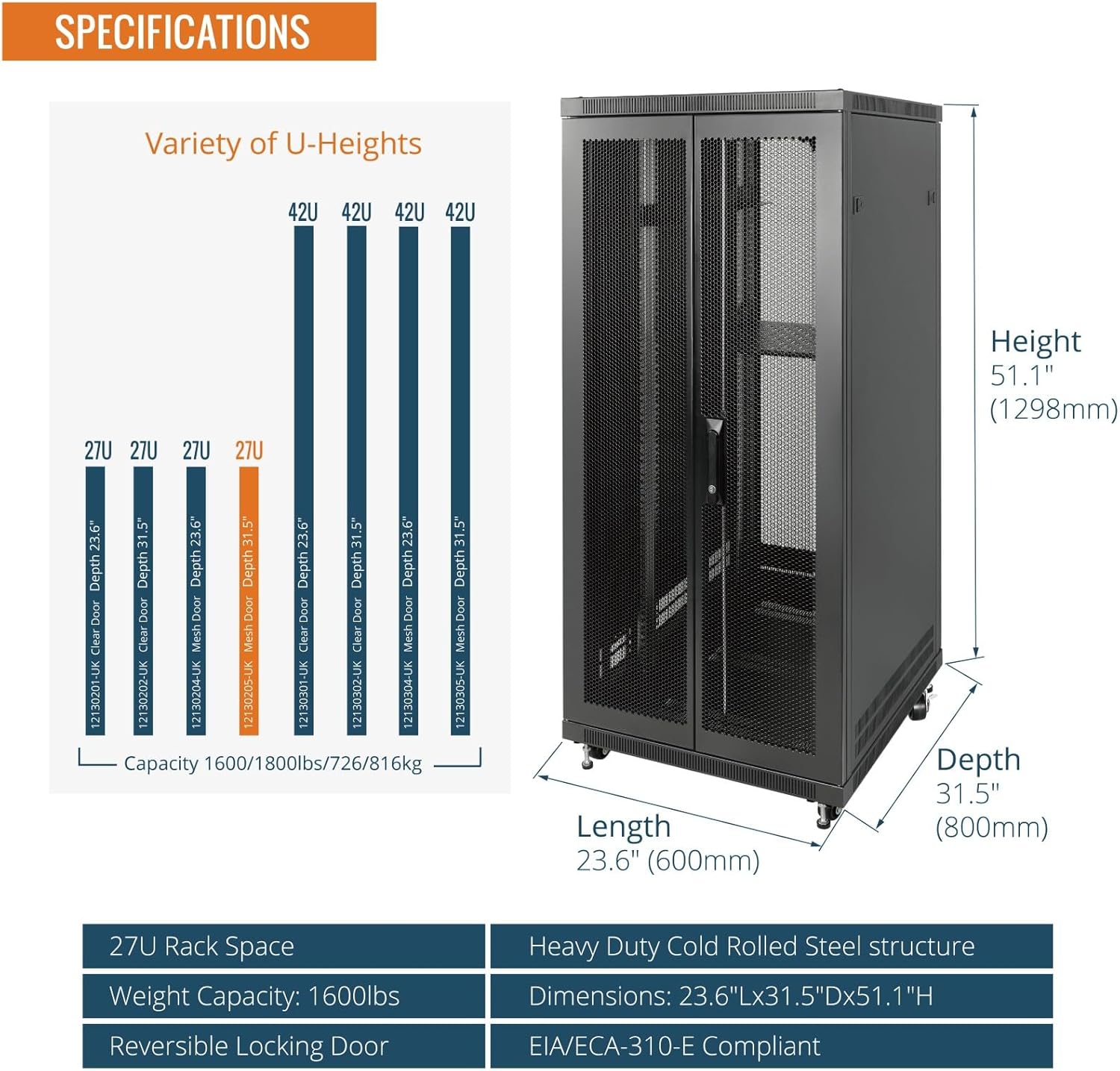 27U Server Rack Cabinet 800mm Mesh Door Assembled