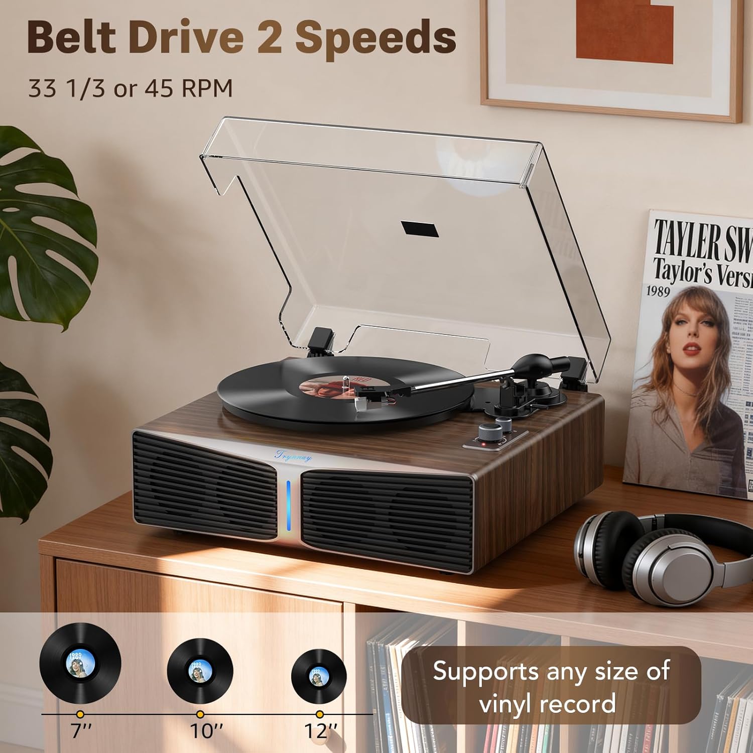 Bluetooth Turntable with Speakers, AT-3600L Cartridge, 33/45 RPM Walnut