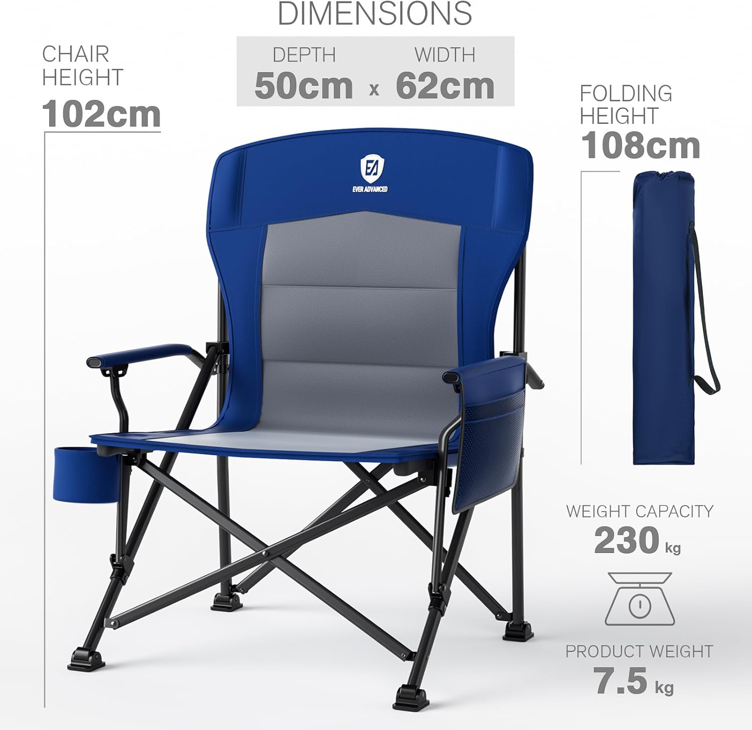 Oversized Folding Camping Chair 230kg Heavy Duty Blue