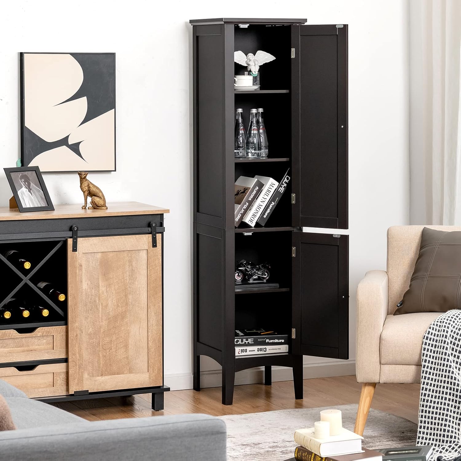 Slim Bathroom Tall Cabinet 2 Door 5 Tier Shelf Unit Black