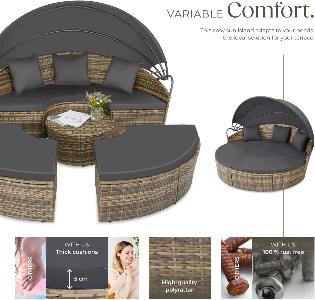 5 Piece Modular Rattan Daybed Set Canopy Nature