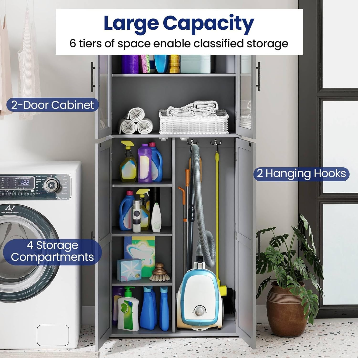 Tall Storage Cabinet Grey Adjustable Shelves Hook Unit