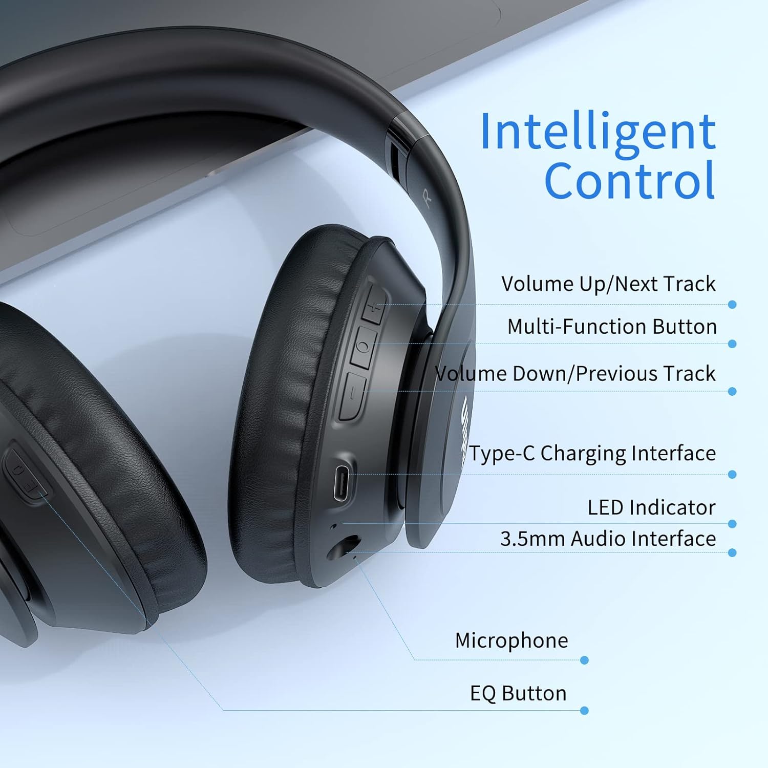 Wireless Bluetooth Over Ear Headphones 65Hr Battery 6 EQ Modes Black