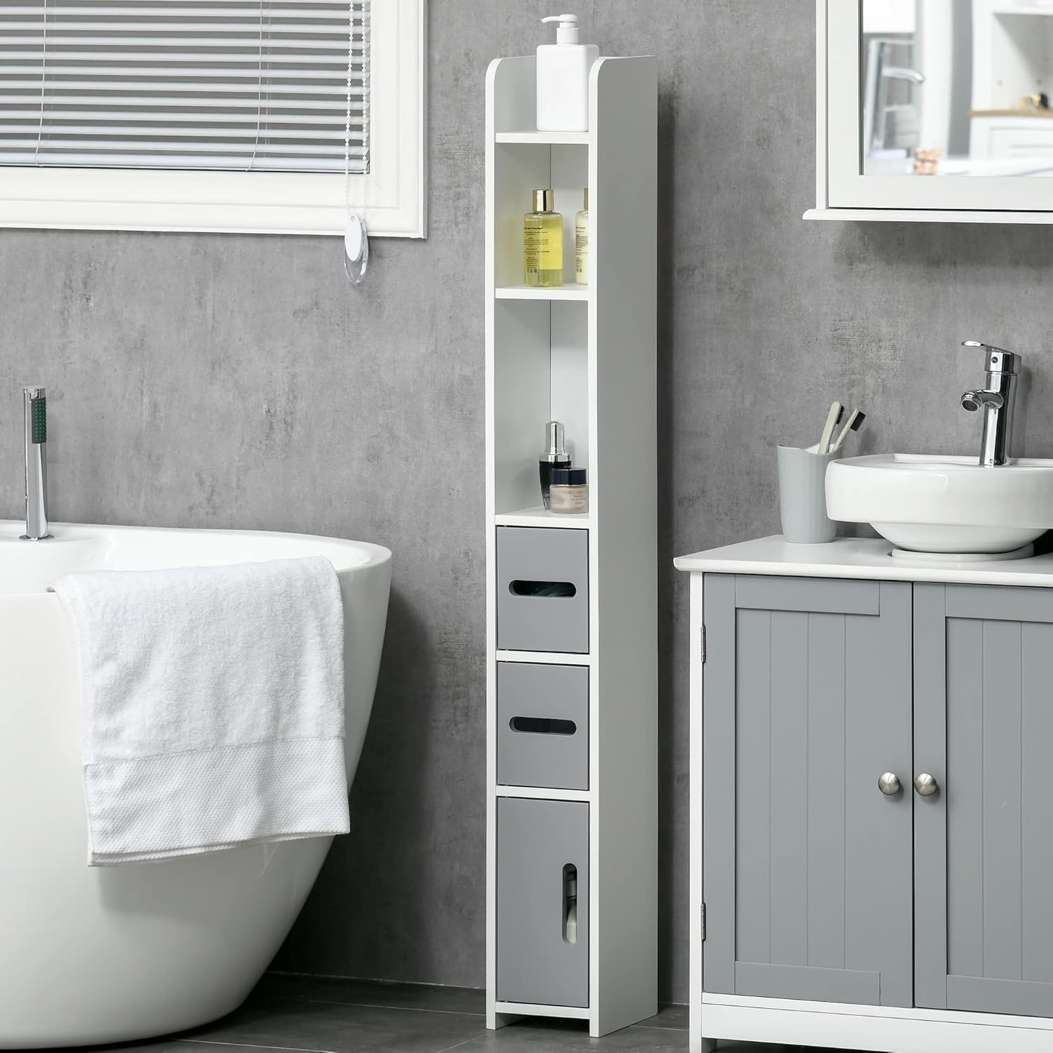 Slim Tall Bathroom Storage Cabinet 3 Doors Open Shelves Grey