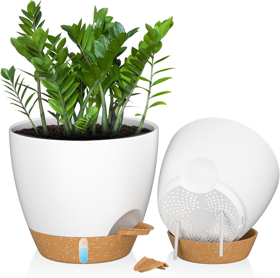 30cm Self Watering Plant Pots Set 2 White Planters Water Inlet