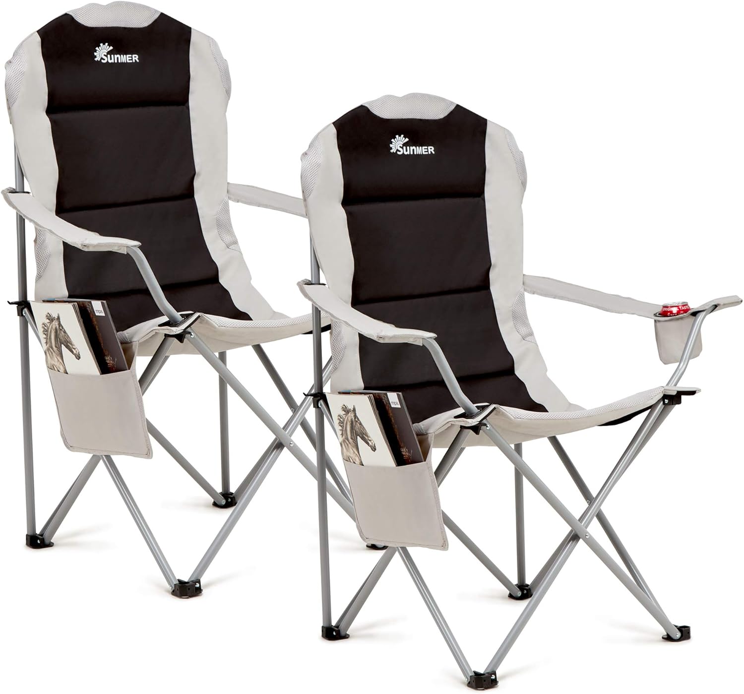 Padded Folding Camping Chairs 2 Pack Cup Holder Black Grey