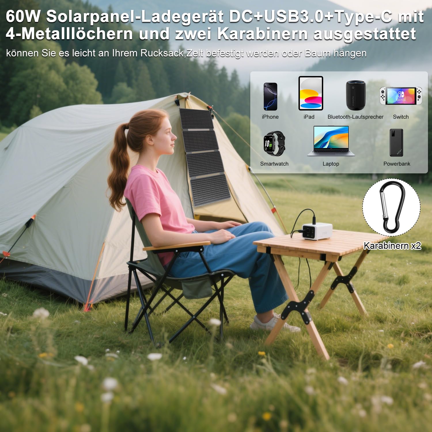 60W Foldable Solar Panel USB C DC Camping Charger