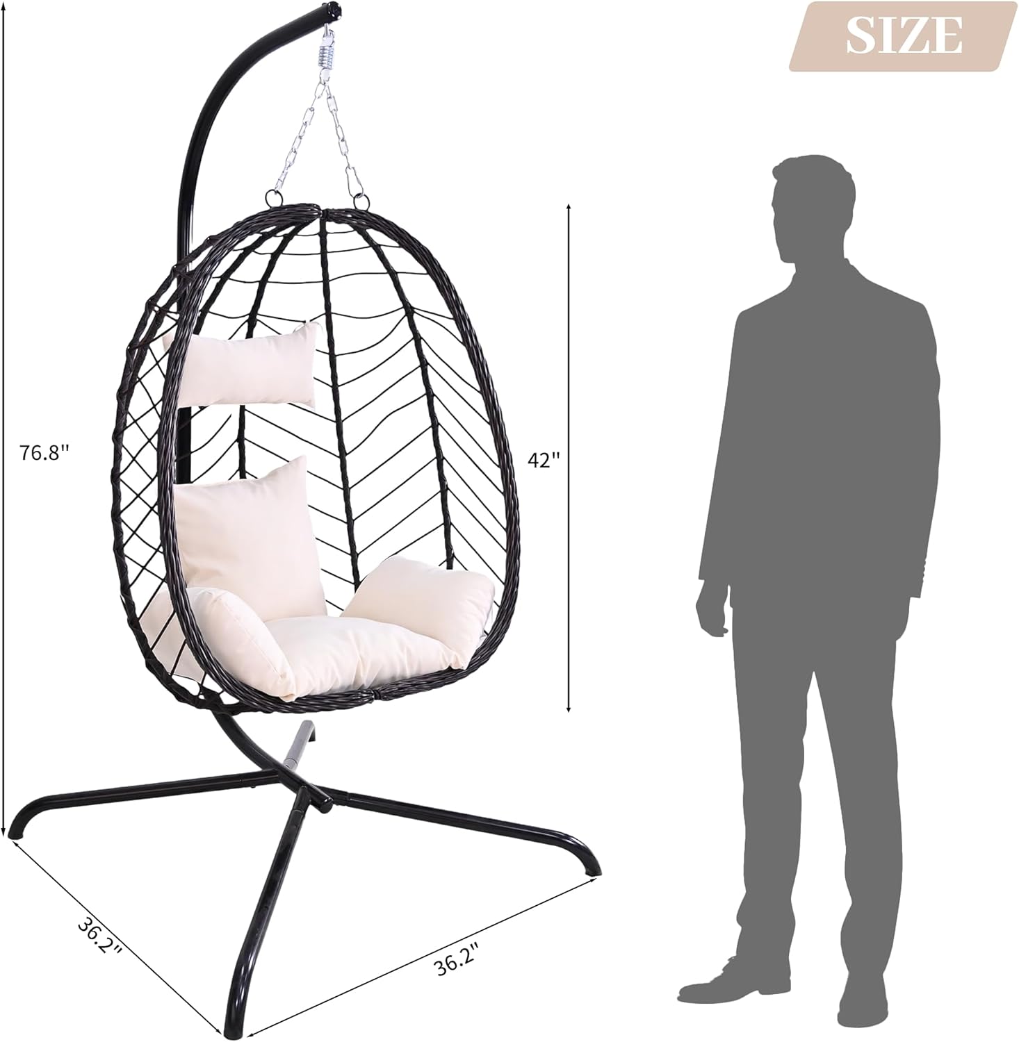 Beige Outdoor Hanging Egg Chair with Cushion Stand