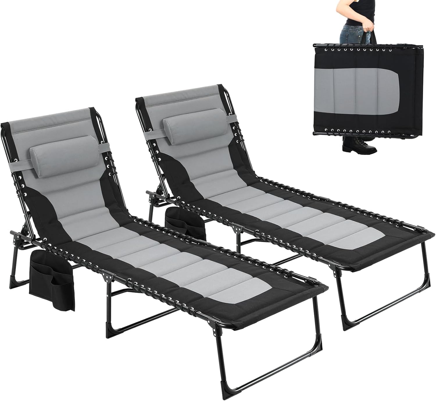 Set of 2 XXL Folding Sun Loungers Dark Grey