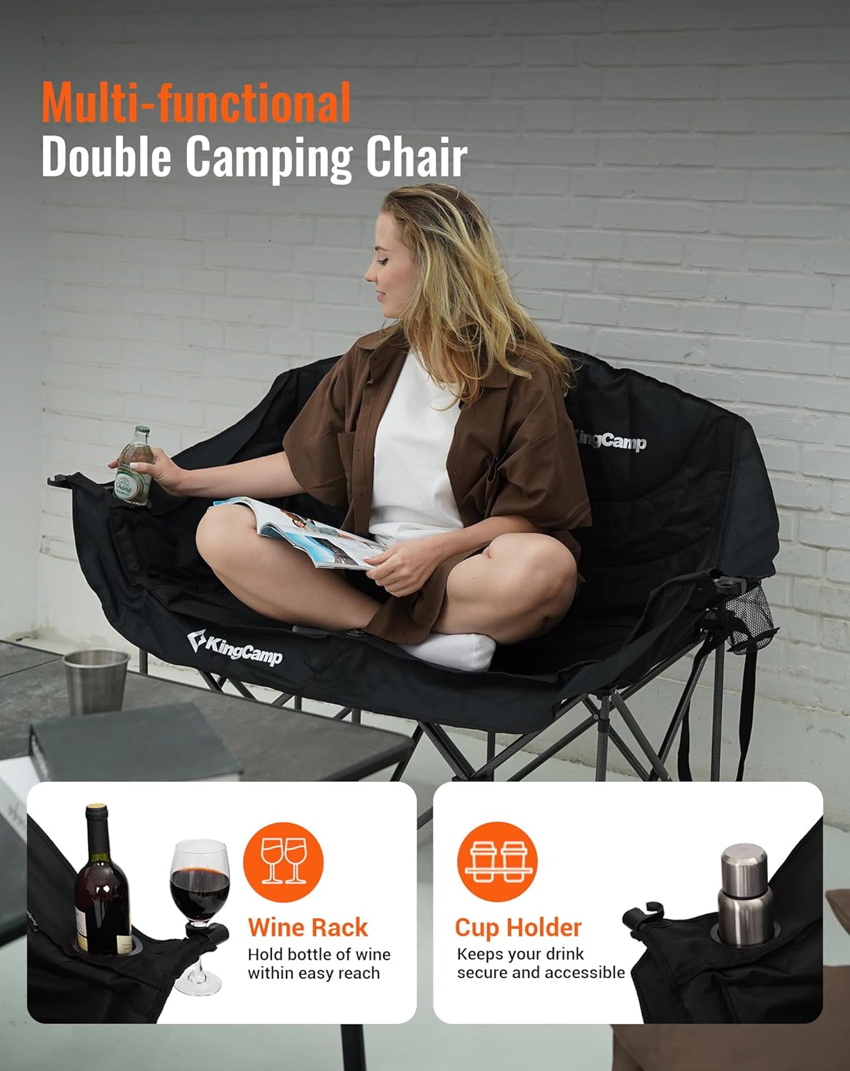 Double Camping Sofa Chair 300KG Padded Black