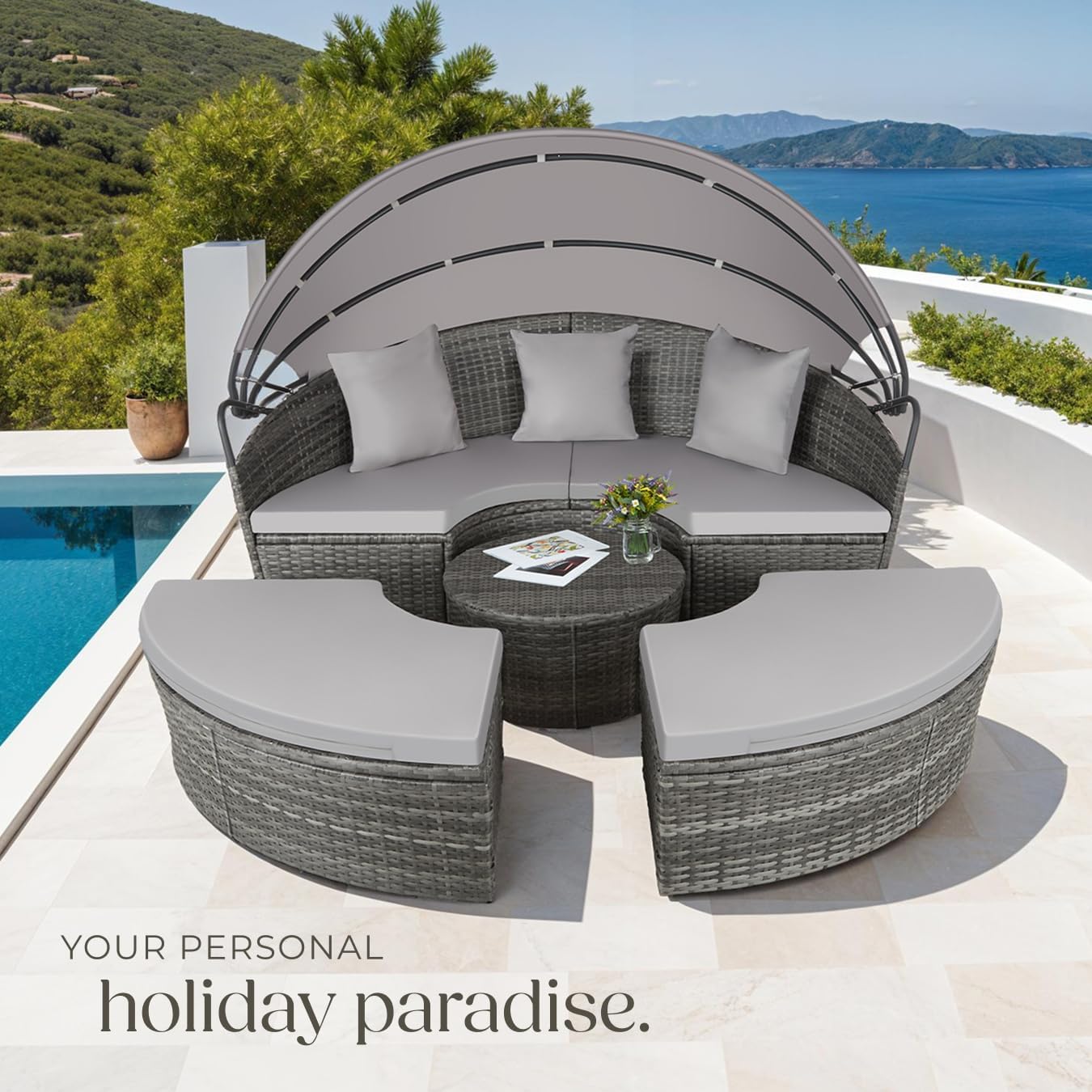 5 Piece Modular Rattan Daybed Set Canopy Grey