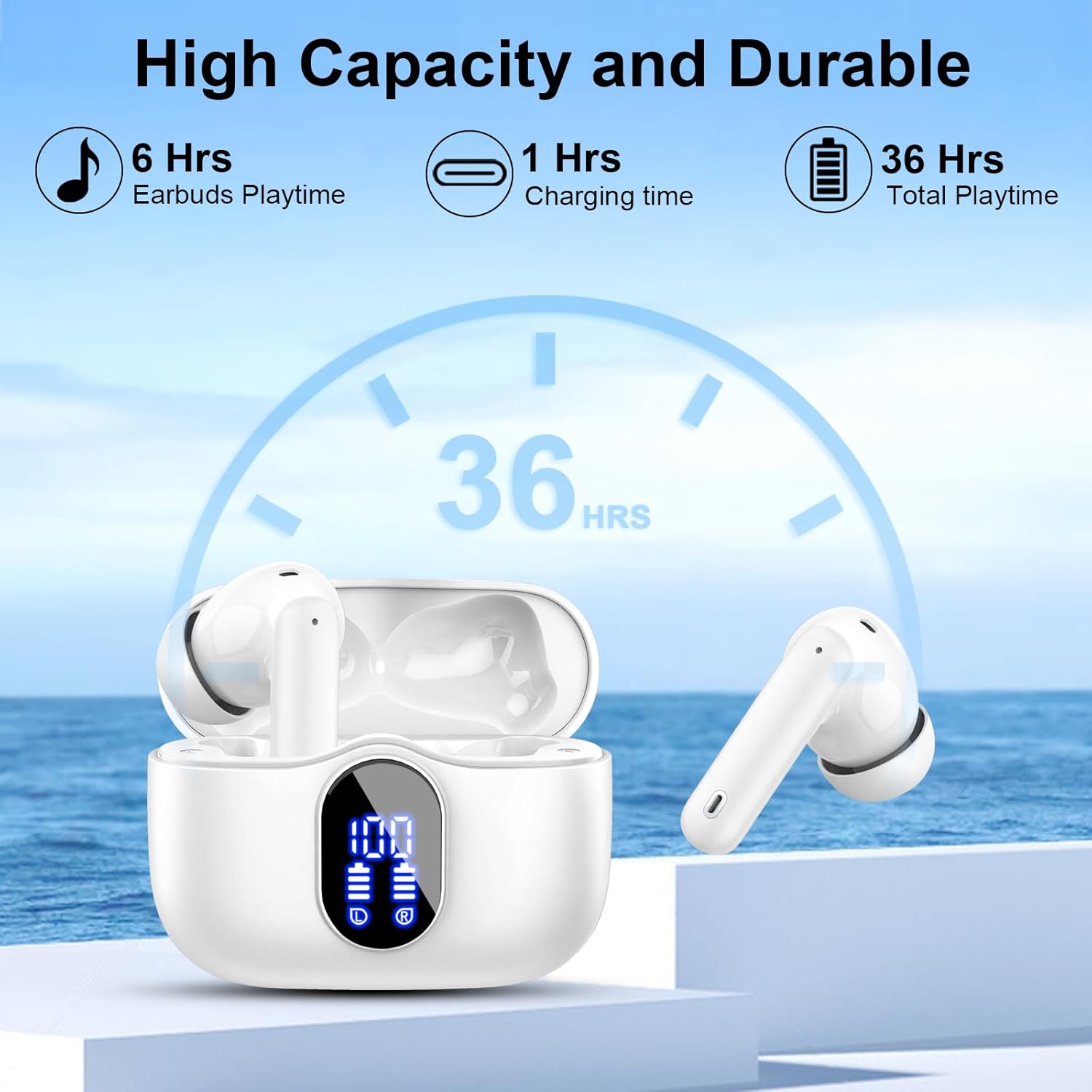 True Wireless Bluetooth 5.3 Earbuds ENC Mic 36H LED Case