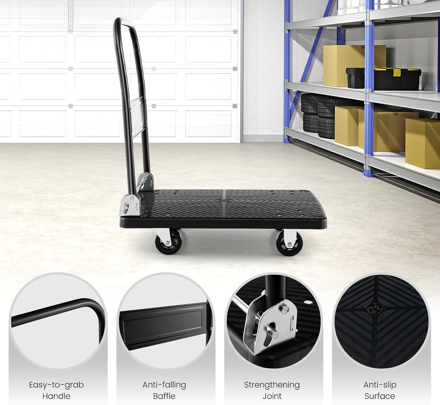 Folding Push Cart Dolly 200KG Flatbed Trolley Black