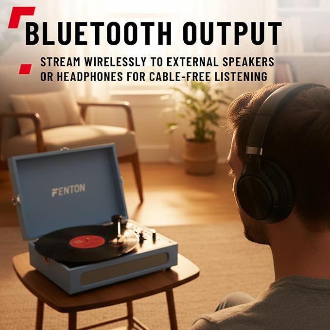 Portable Briefcase Record Player Bluetooth 3 Speed Blue
