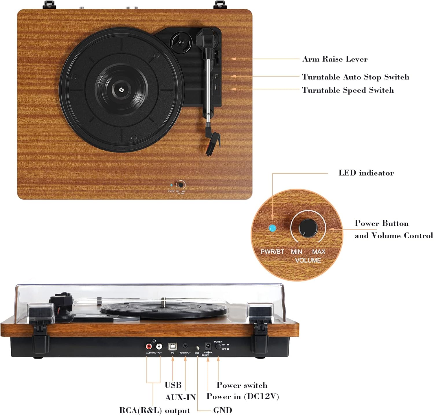 Bluetooth Vinyl Record Player 3-Speed Belt Drive Turntable with Stereo Speakers