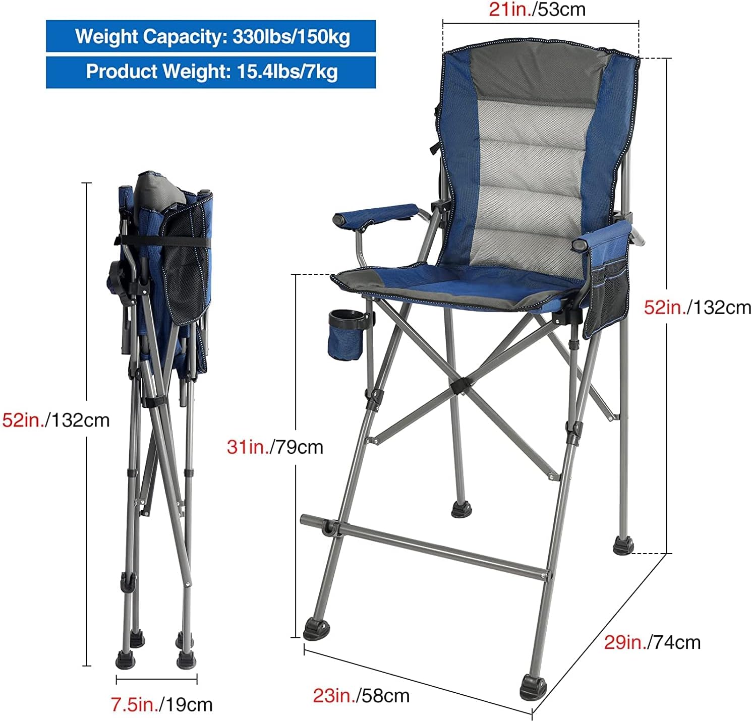 Extra Tall Folding Director Chair with Footrest Blue